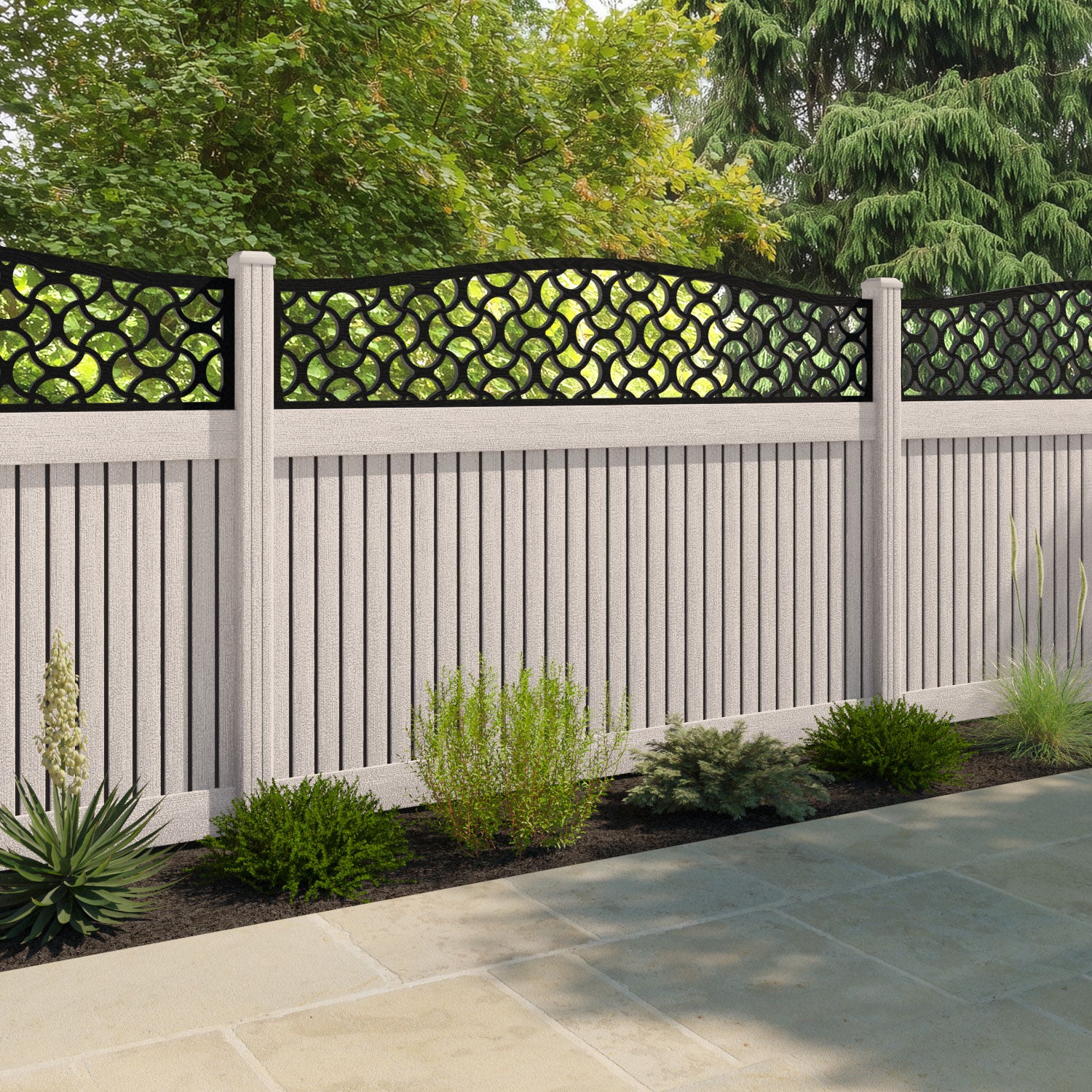 Virtis Vida Curved Top Fence Panel - Mid Stone - with our composite posts