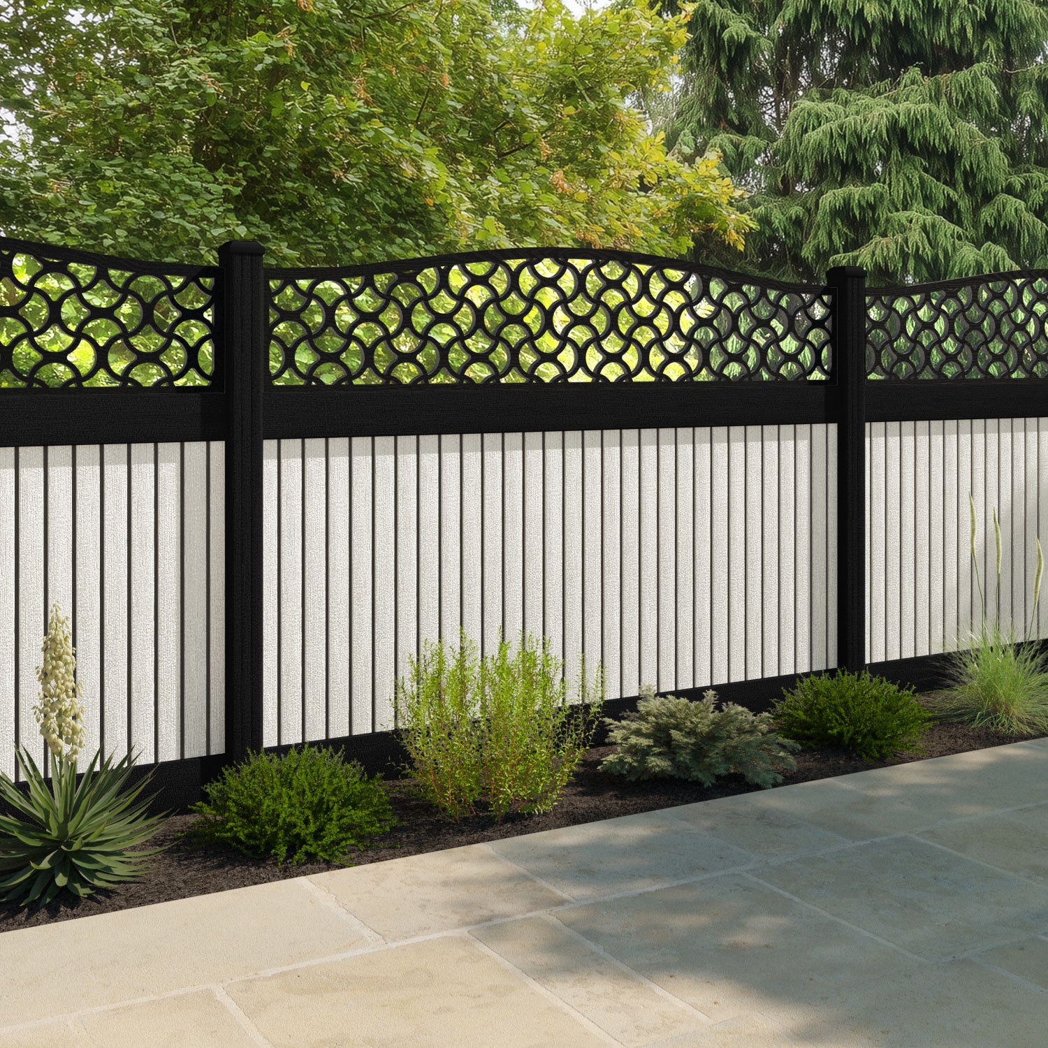 Virtis Vida Curved Top Fence Panel - Light Stone - with our aluminium posts
