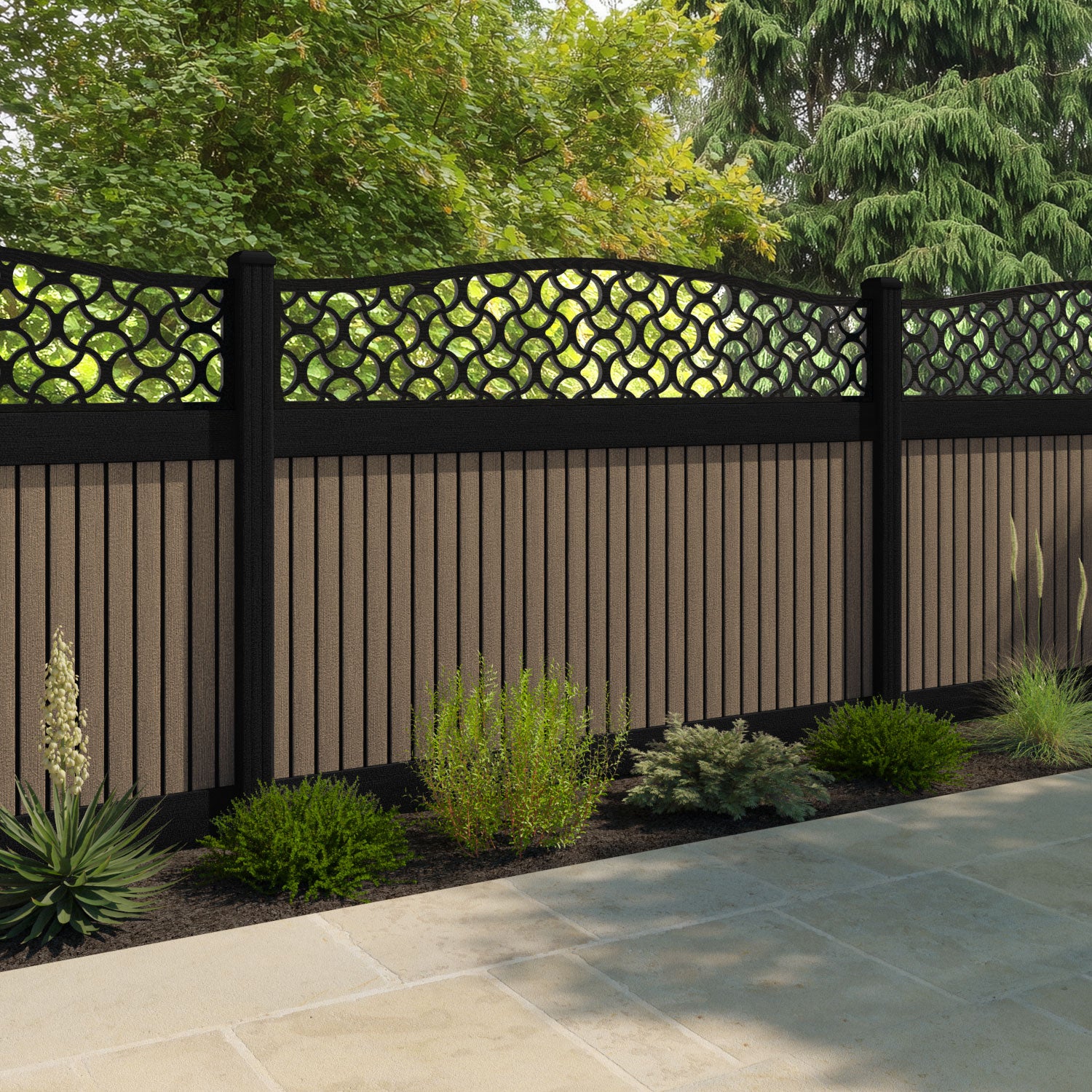 Virtis Vida Curved Top Fence Panel - Teak - with our composite posts