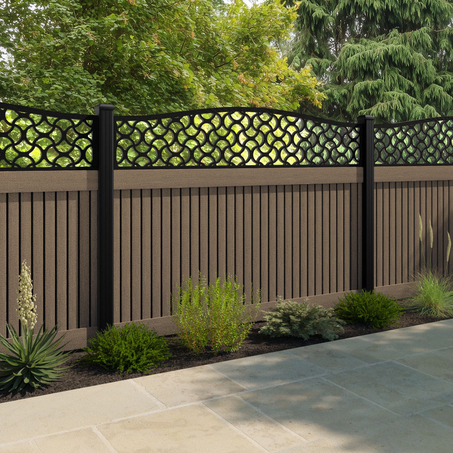 Virtis Vida Curved Top Fence Panel - Teak - with our aluminium posts