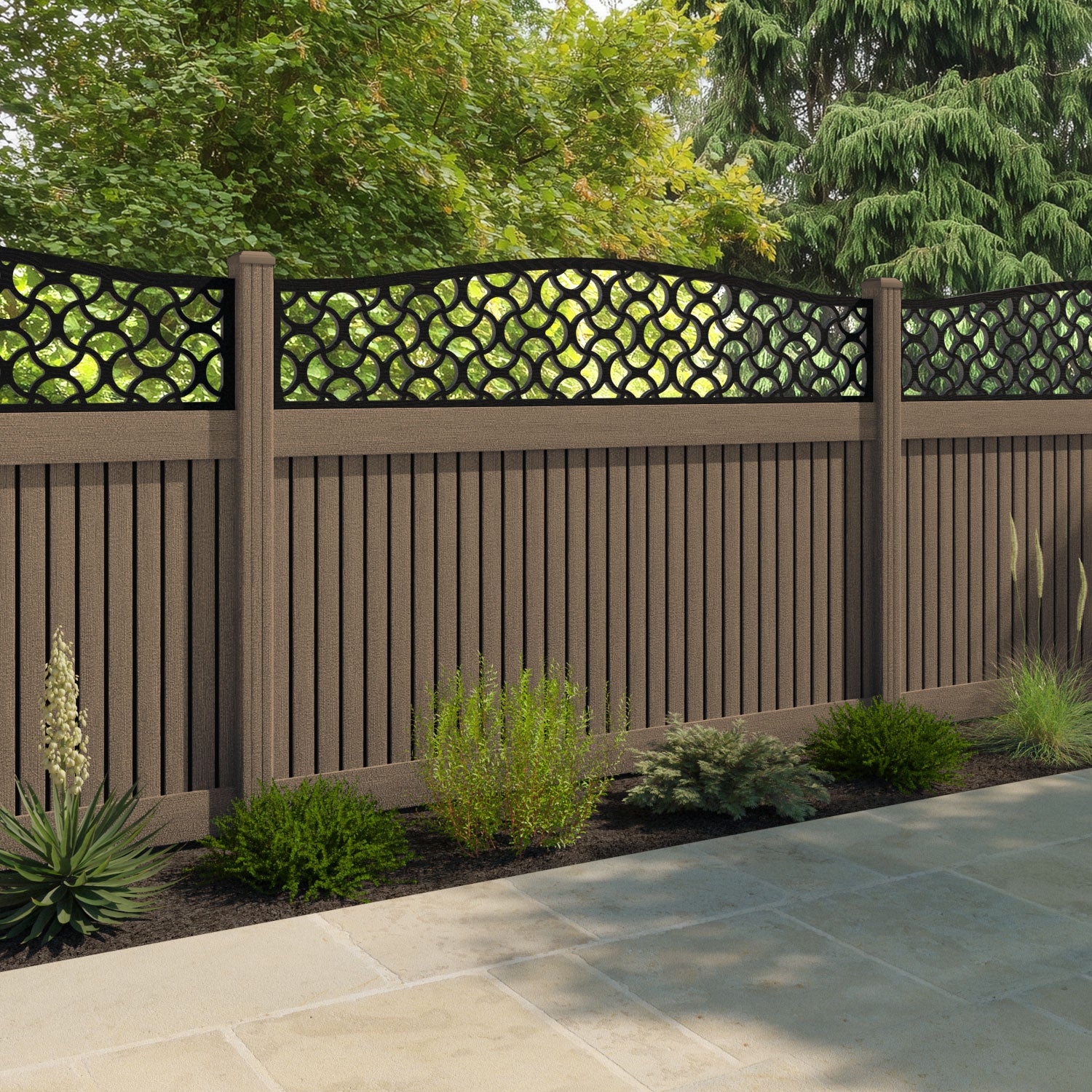 Virtis Vida Curved Top Fence Panel - Teak - with our composite posts