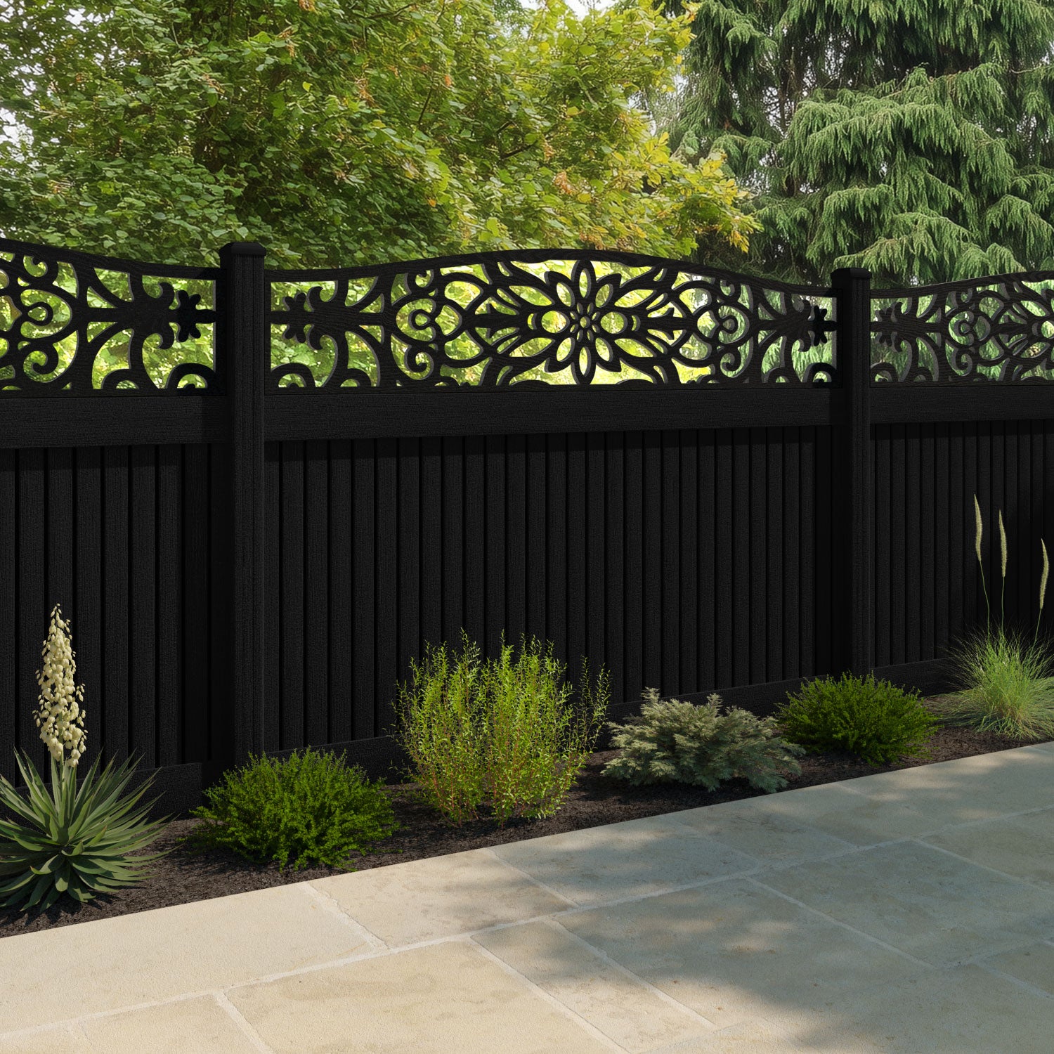 Virtis Windsor Curved Top Fence Panel - Black - with our composite posts