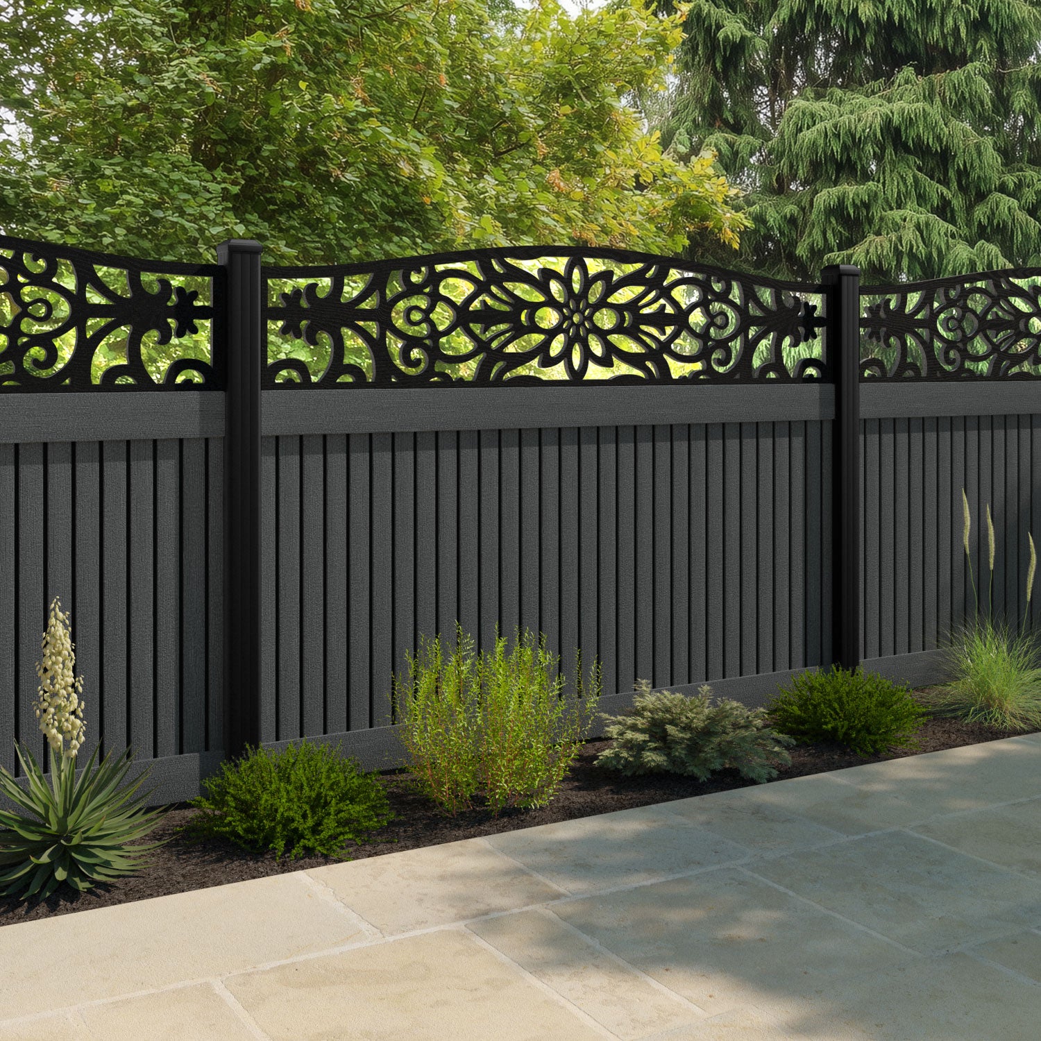 Virtis Windsor Curved Top Fence Panel - Dark Grey - with our composite posts