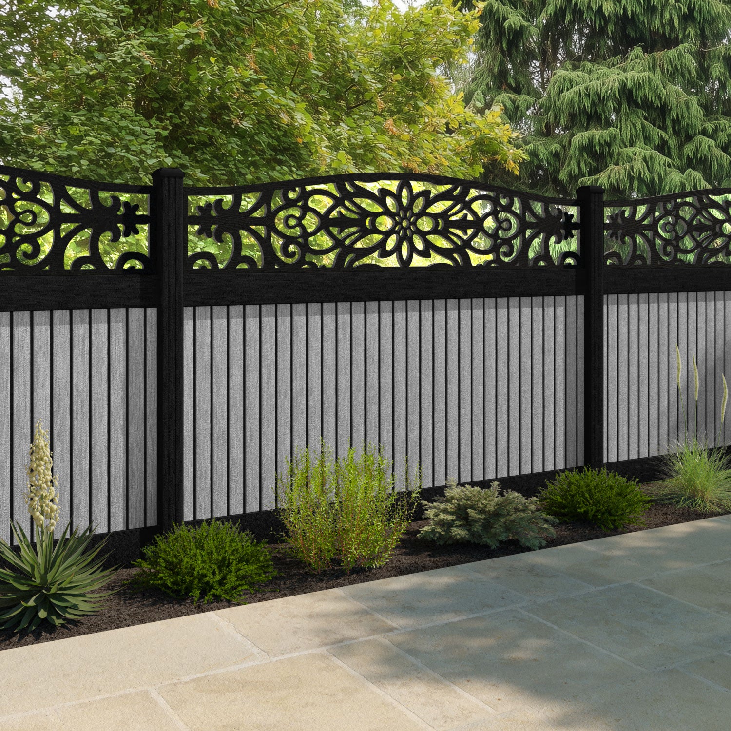 Virtis Windsor Curved Top Fence Panel - Light Grey - with our aluminium posts