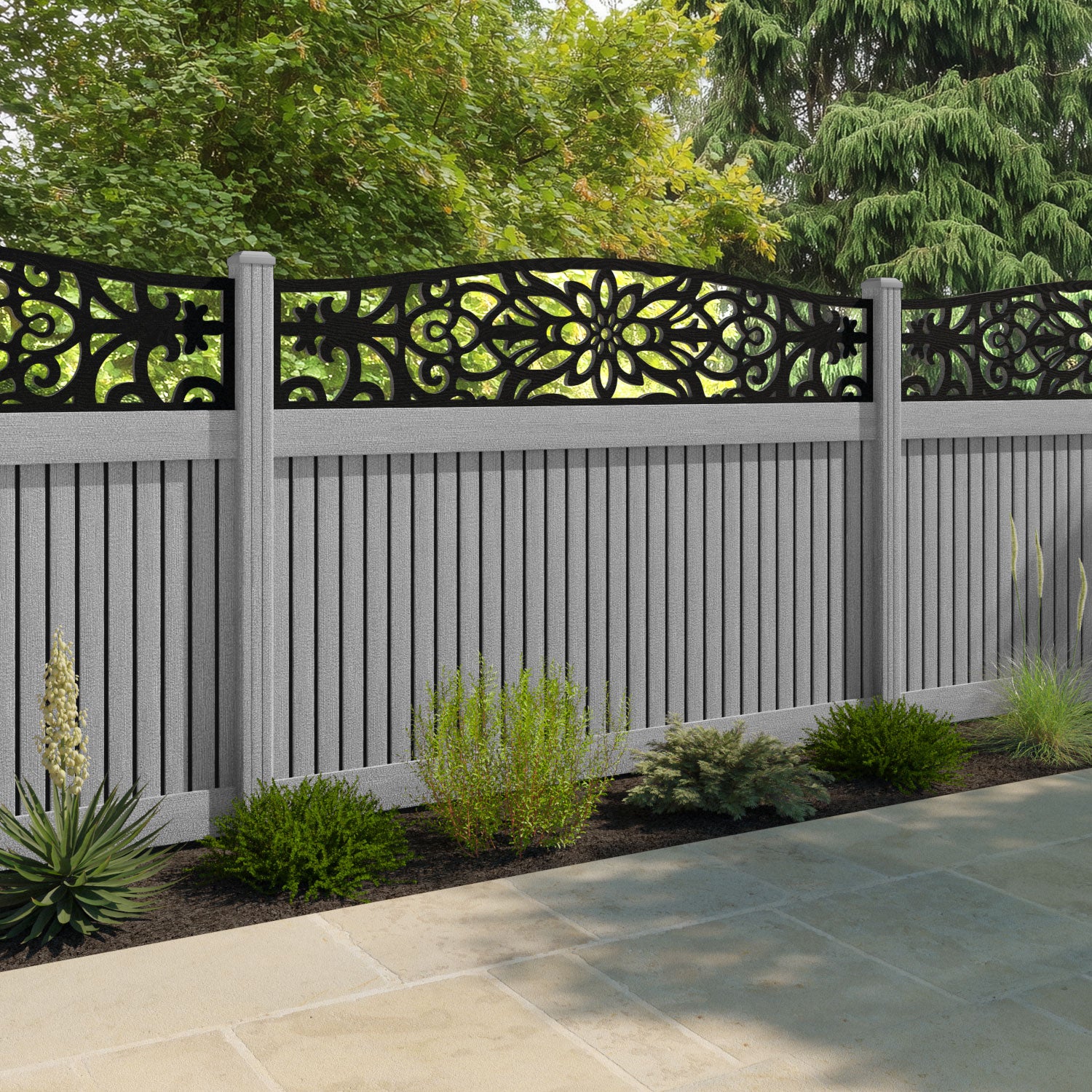 Virtis Windsor Curved Top Fence Panel - Light Grey - with our composite posts