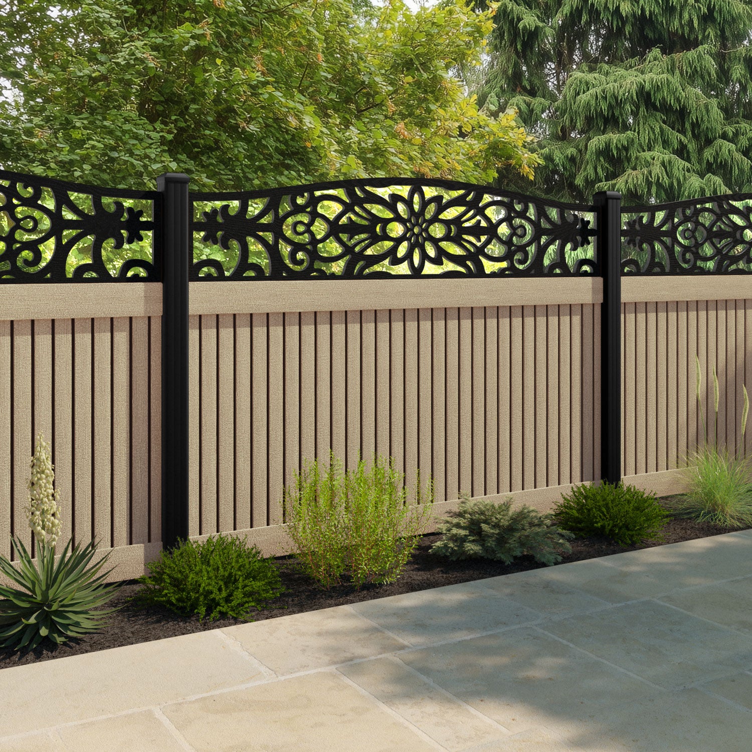 Virtis Windsor Curved Top Fence Panel - Light Oak - with our aluminium posts