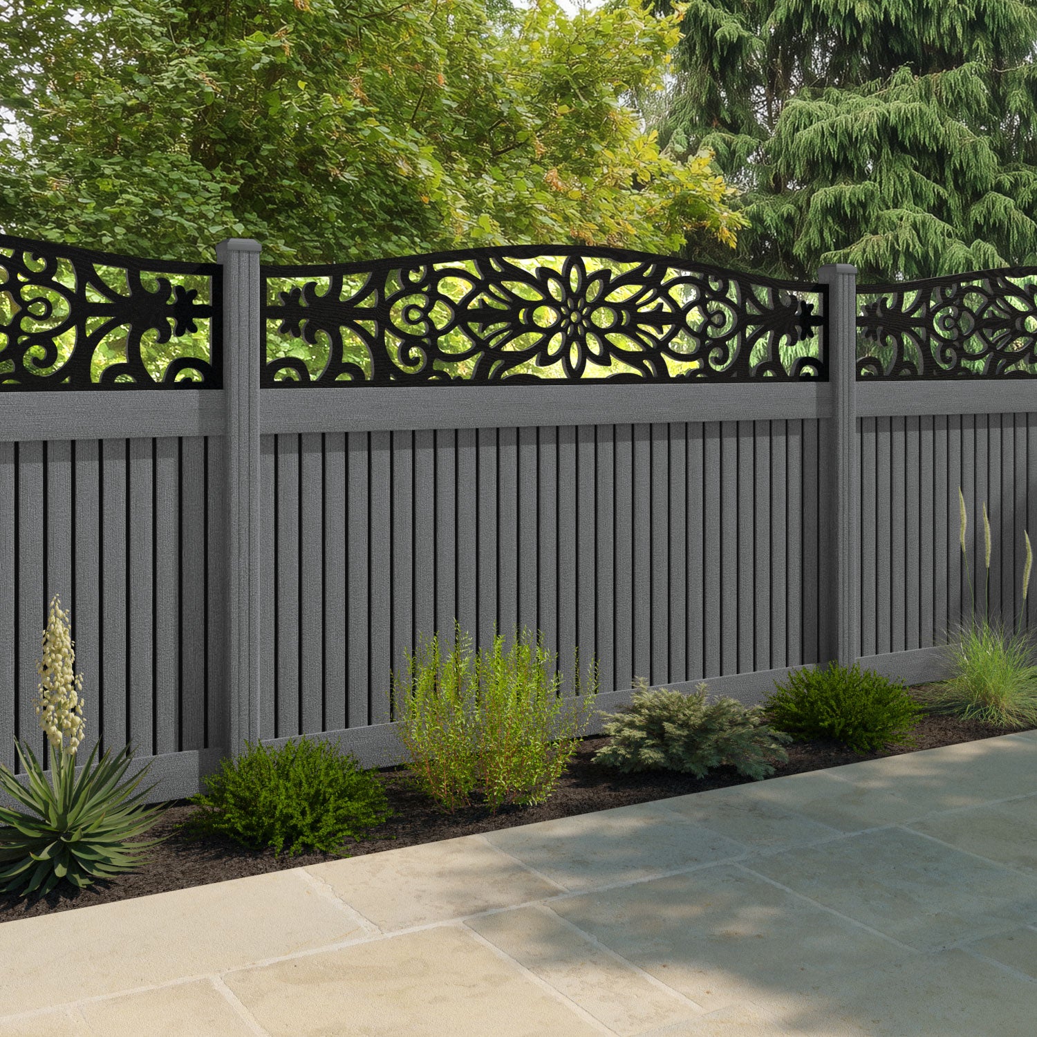 Virtis Windsor Curved Top Fence Panel - Mid Grey - with our composite posts