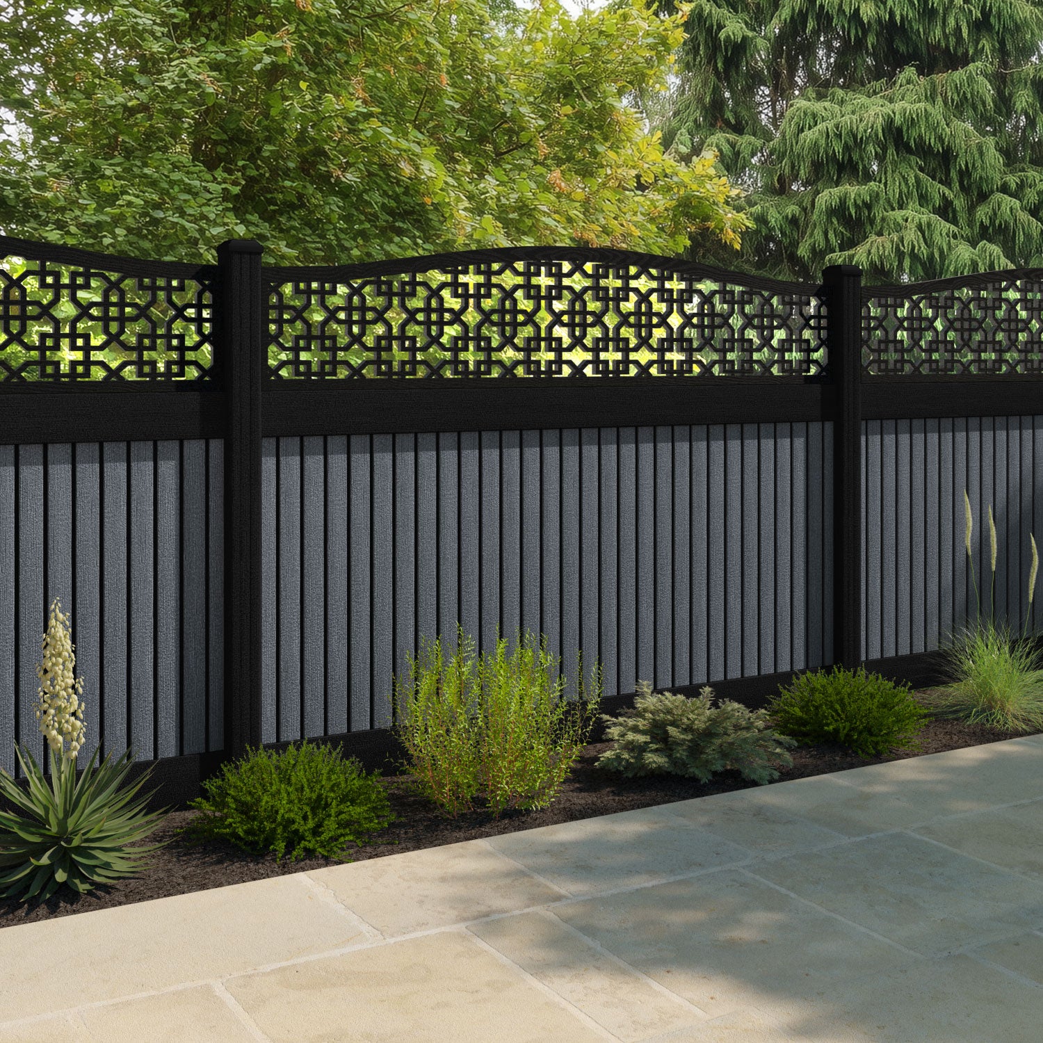 Virtis Zaria Curved Top Fence Panel - Anthracite - with our aluminium posts