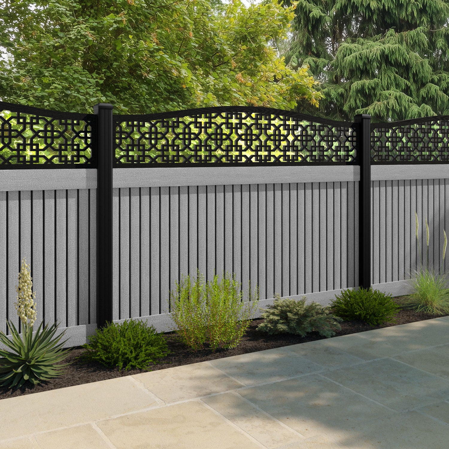 Virtis Zaria Curved Top Fence Panel - Light Grey - with our aluminium posts