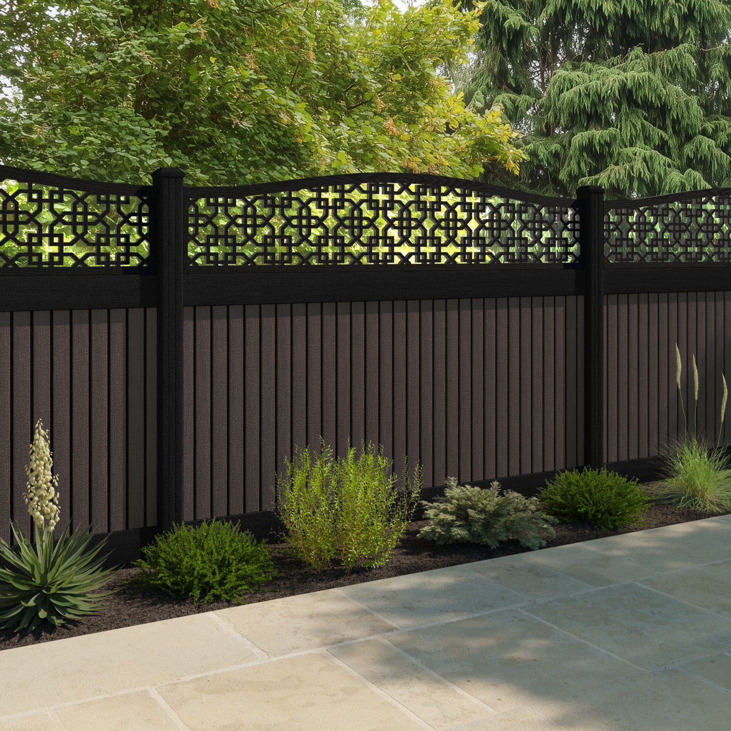 Virtis Zaria Curved Top Fence Panel - Mid Brown - with our composite posts