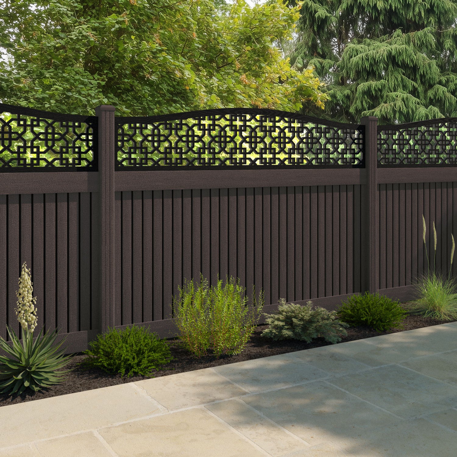 Virtis Zaria Curved Top Fence Panel - Mid Brown - with our composite posts