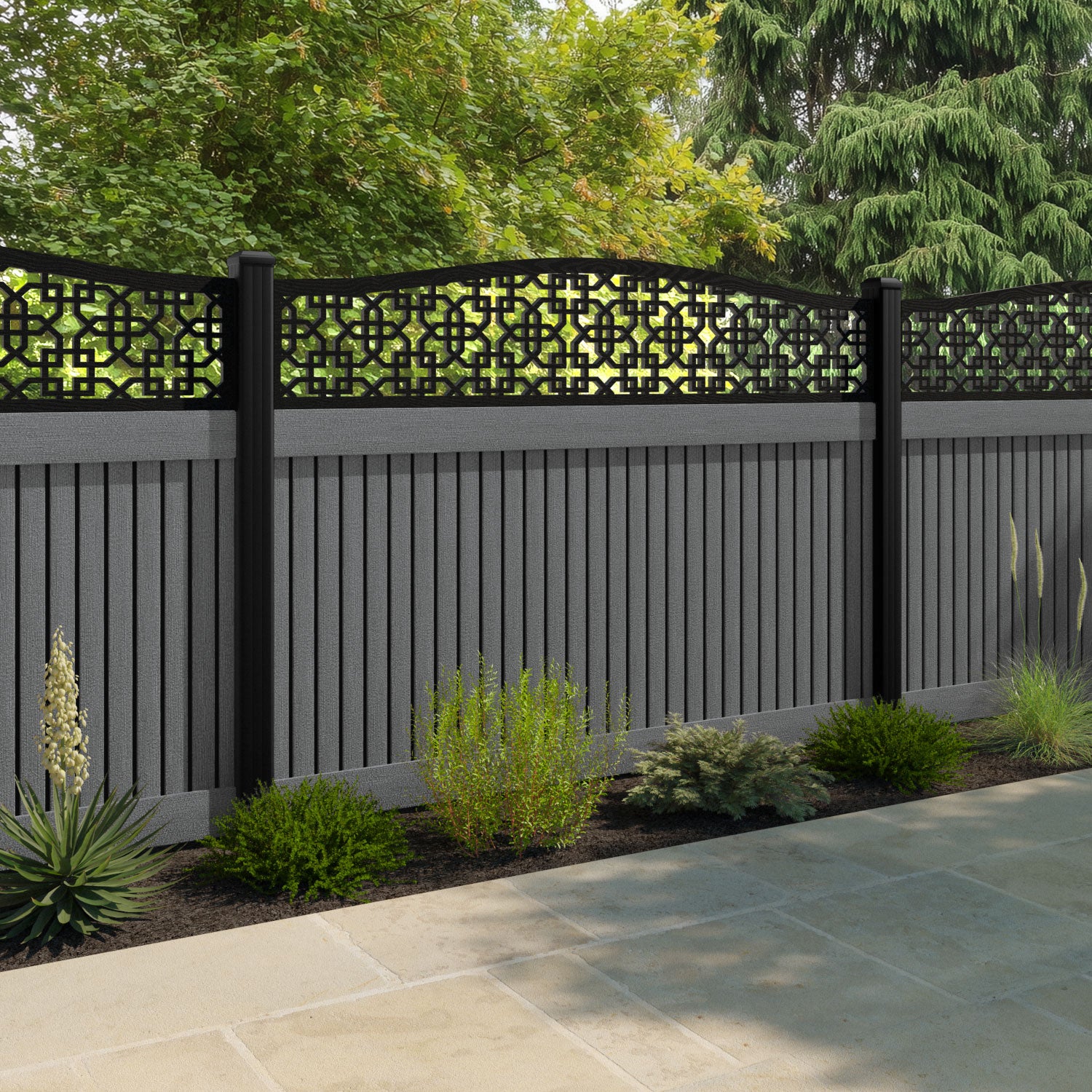 Virtis Zaria Curved Top Fence Panel - Mid Grey - with our aluminium posts
