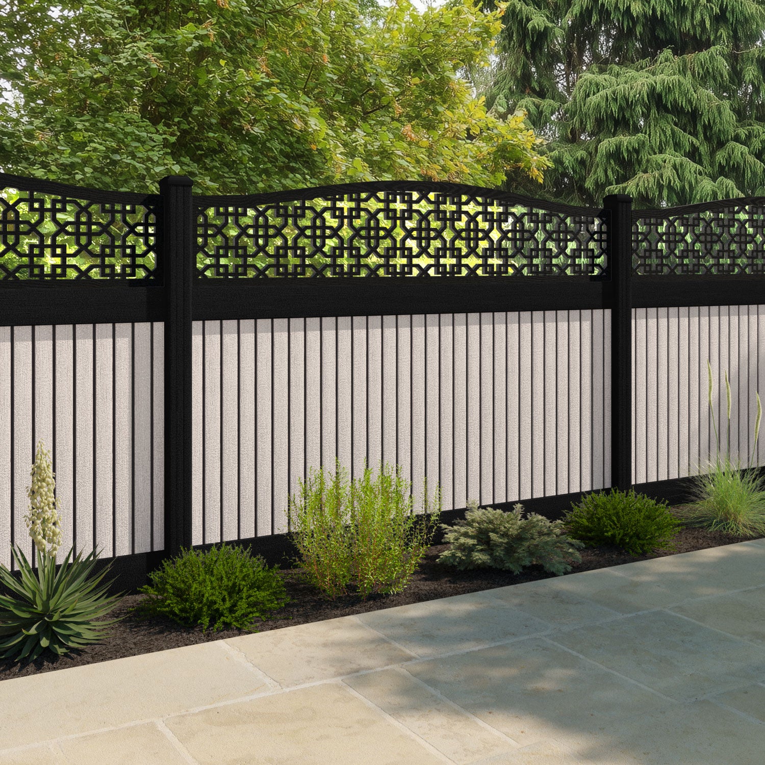 Virtis Zaria Curved Top Fence Panel - Mid Stone - with our aluminium posts