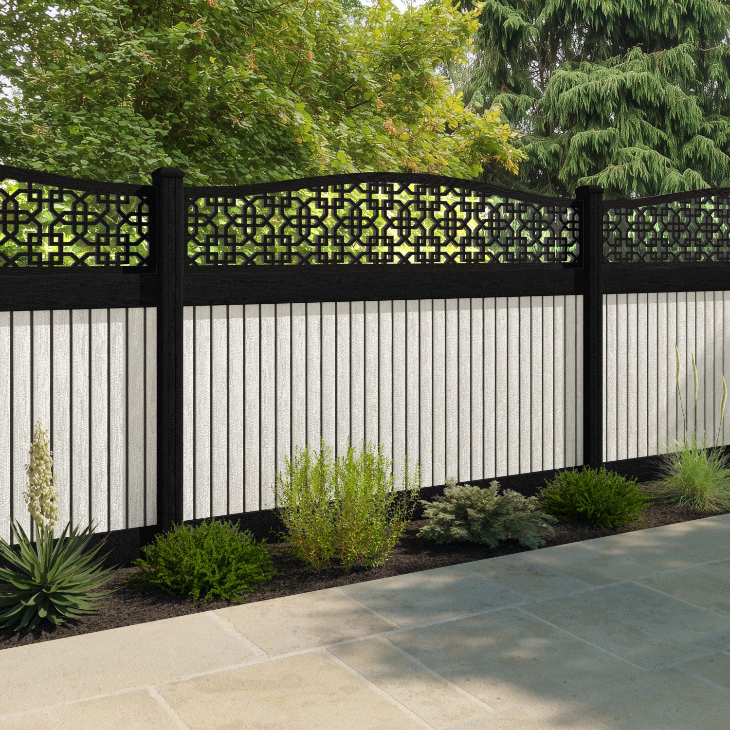 Virtis Zaria Curved Top Fence Panel - Light Stone - with our composite posts