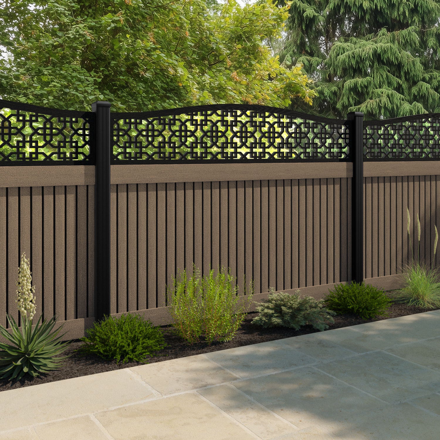 Virtis Zaria Curved Top Fence Panel - Teak - with our aluminium posts
