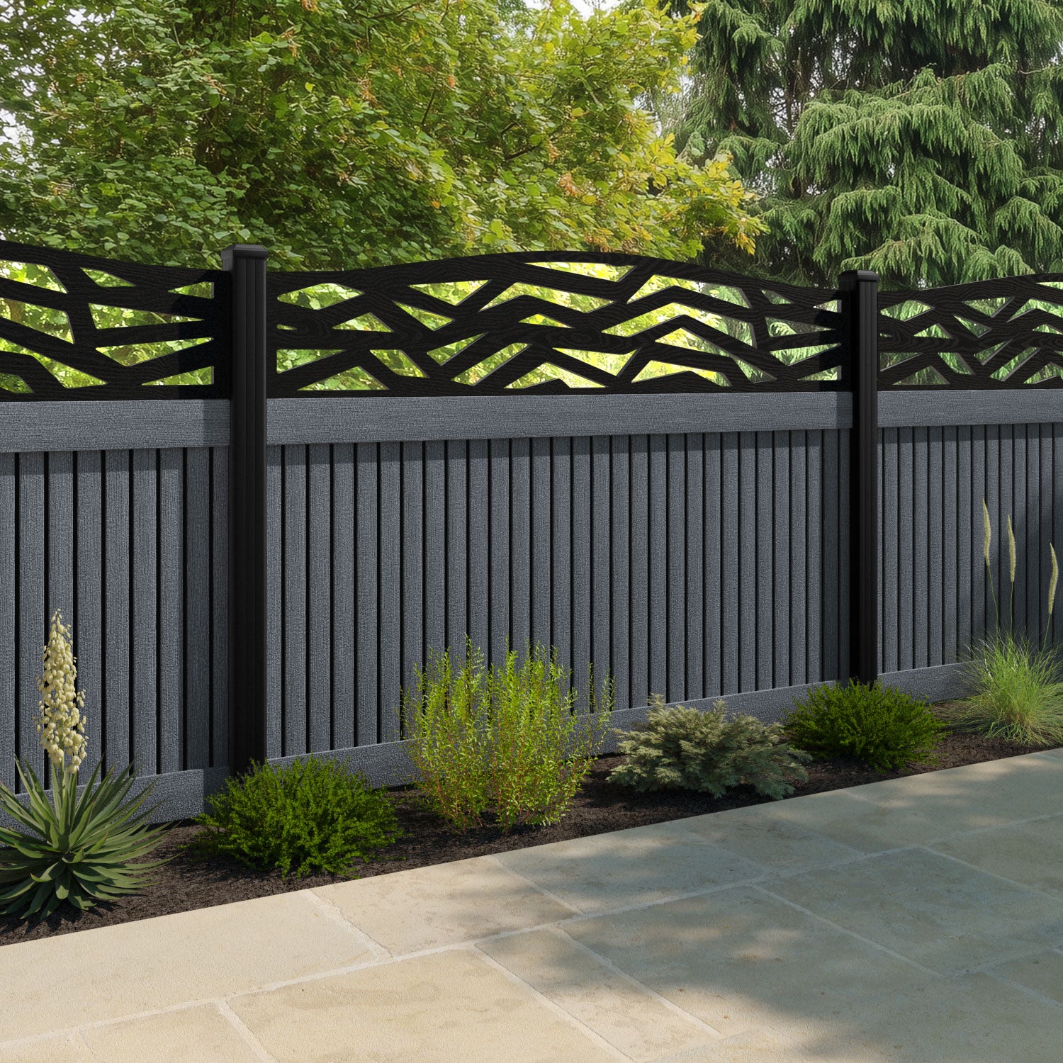 Virtis Zenith Curved Top Fence Panel - Anthracite - with our aluminium posts
