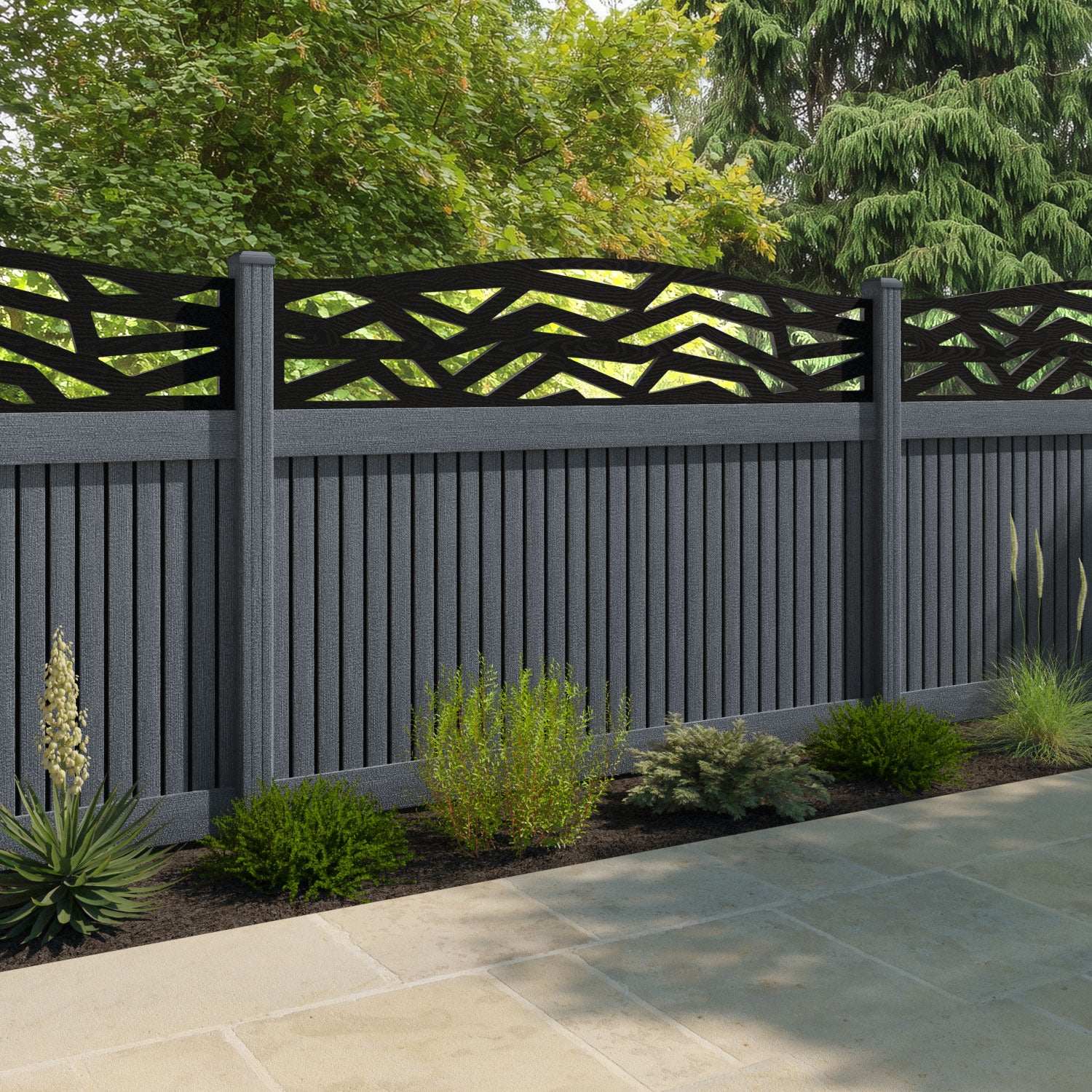Virtis Zenith Curved Top Fence Panel - Anthracite - with our composite posts