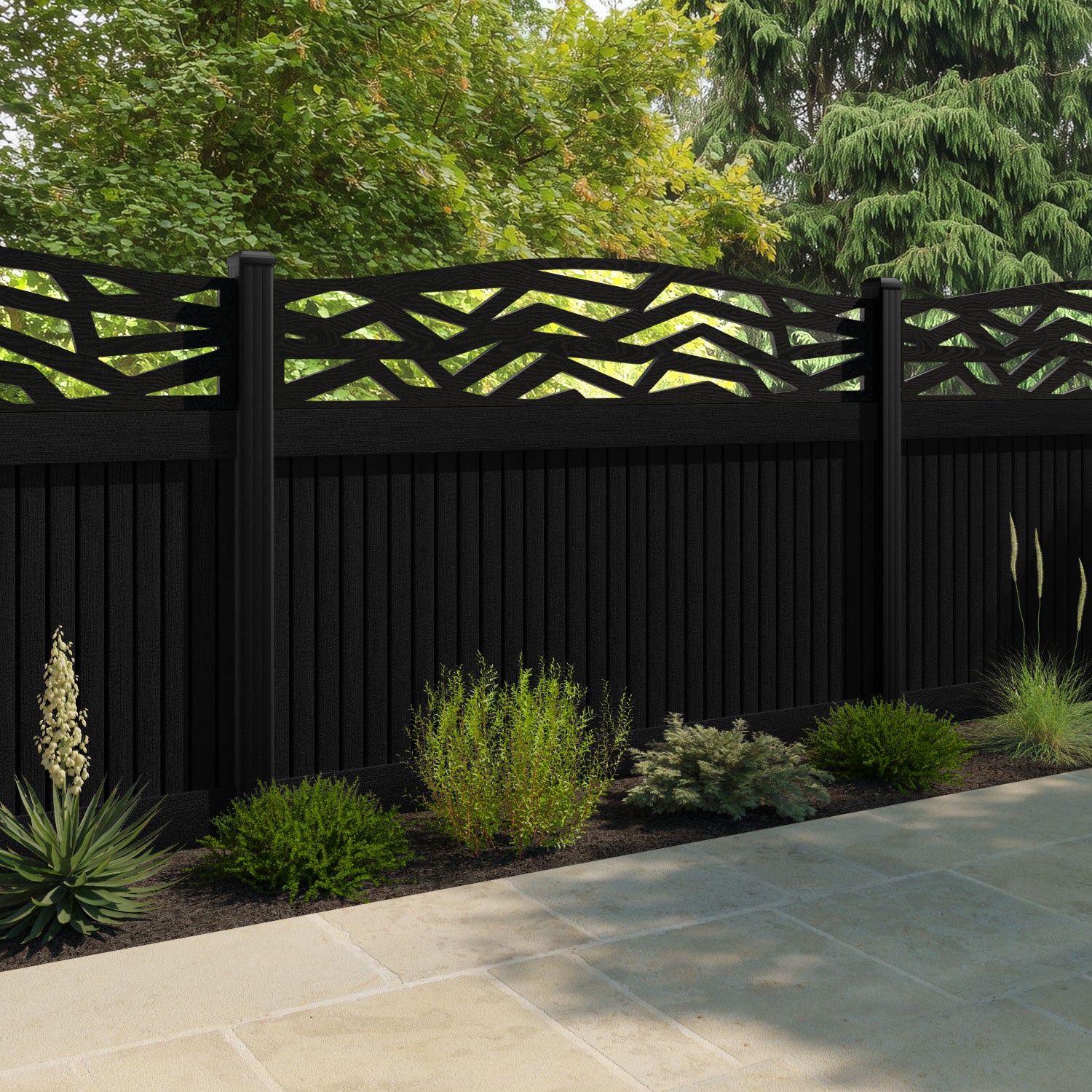 Virtis Zenith Curved Top Fence Panel - Black - with our aluminium posts