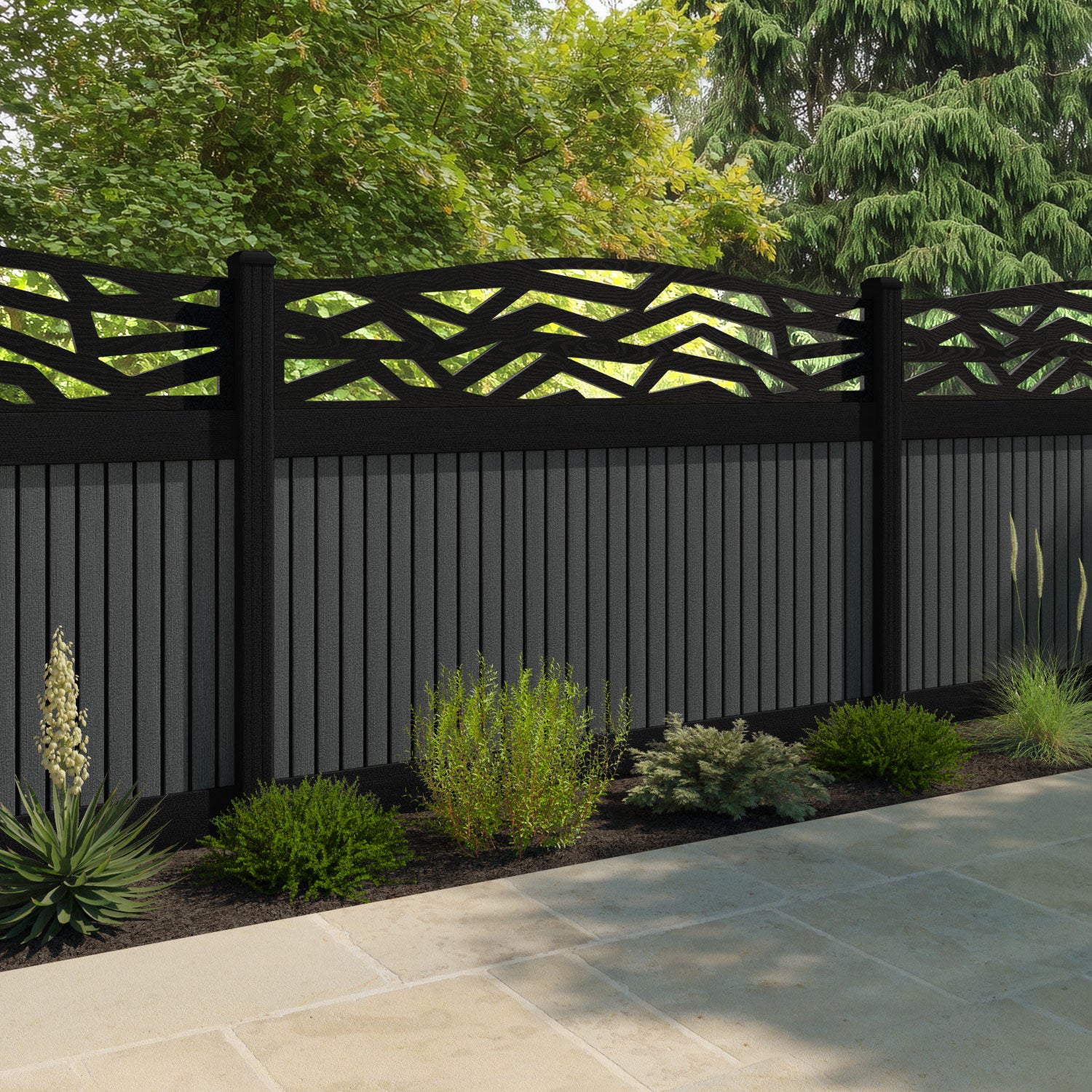 Virtis Zenith Curved Top Fence Panel - Dark Grey - with our composite posts