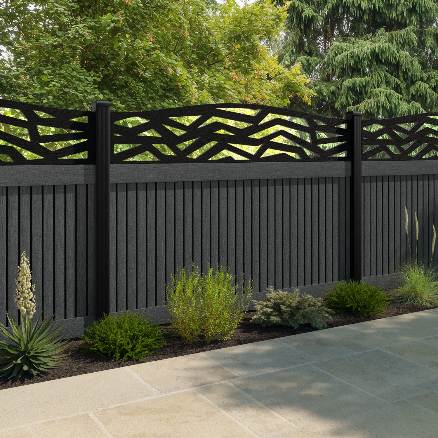 Virtis Zenith Curved Top Fence Panel - Dark Grey - with our composite posts