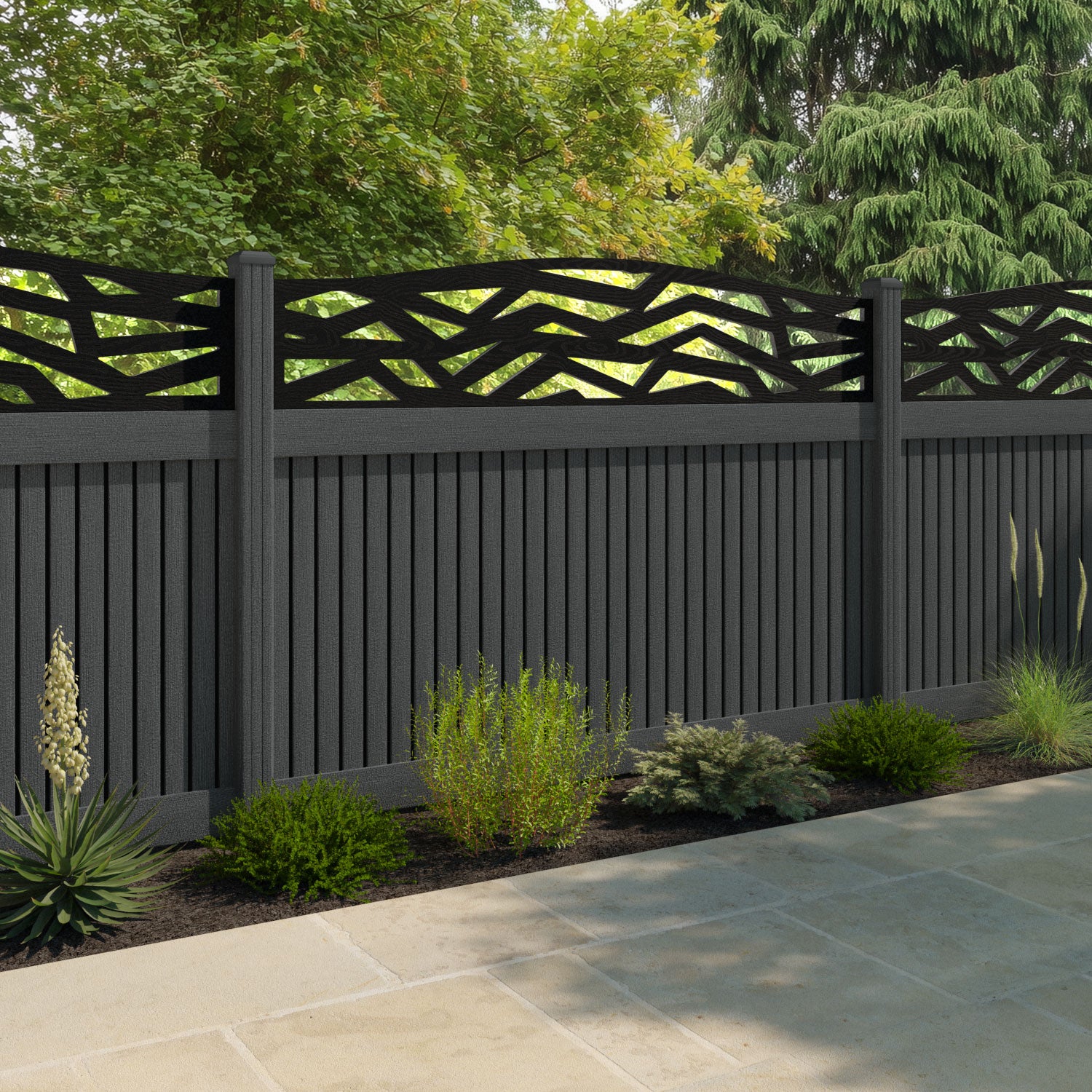 Virtis Zenith Curved Top Fence Panel - Dark Grey - with our composite posts