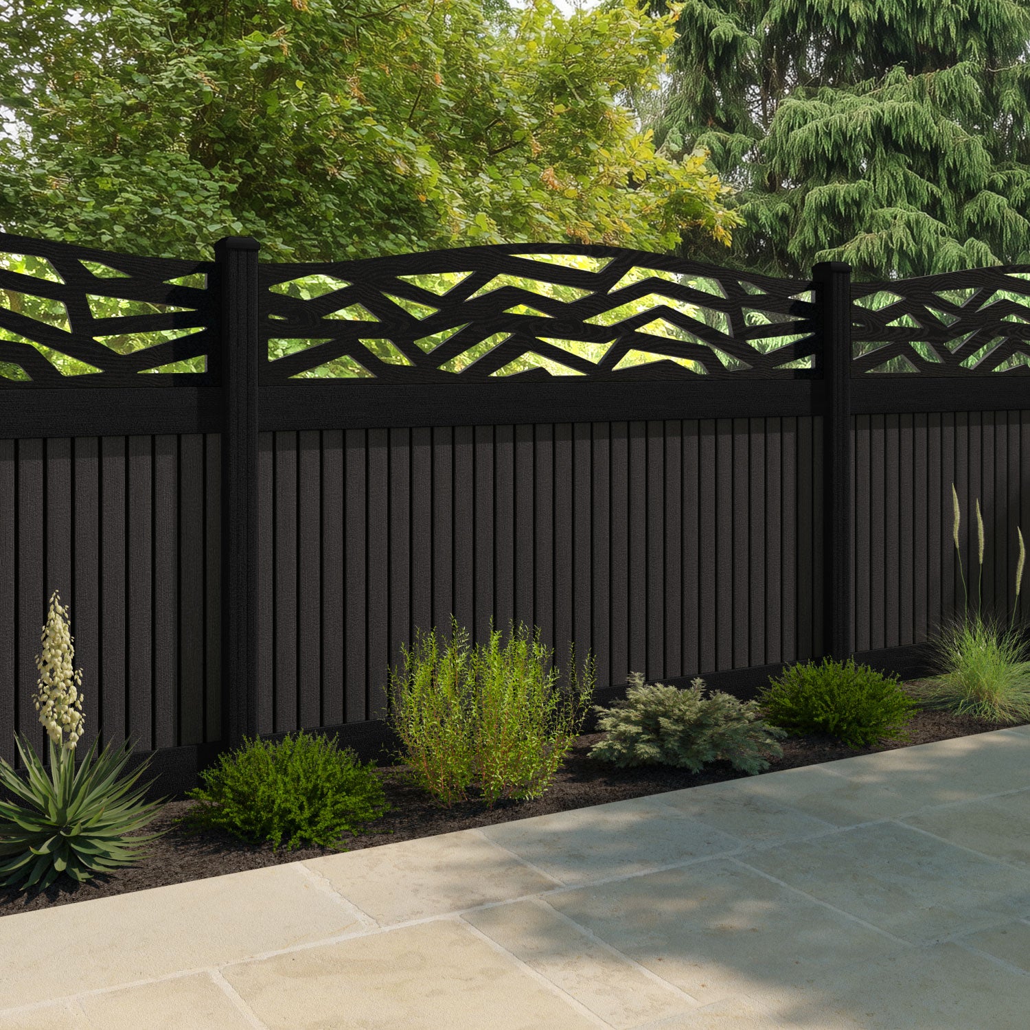 Virtis Zenith Curved Top Fence Panel - Dark Oak - with our aluminium posts