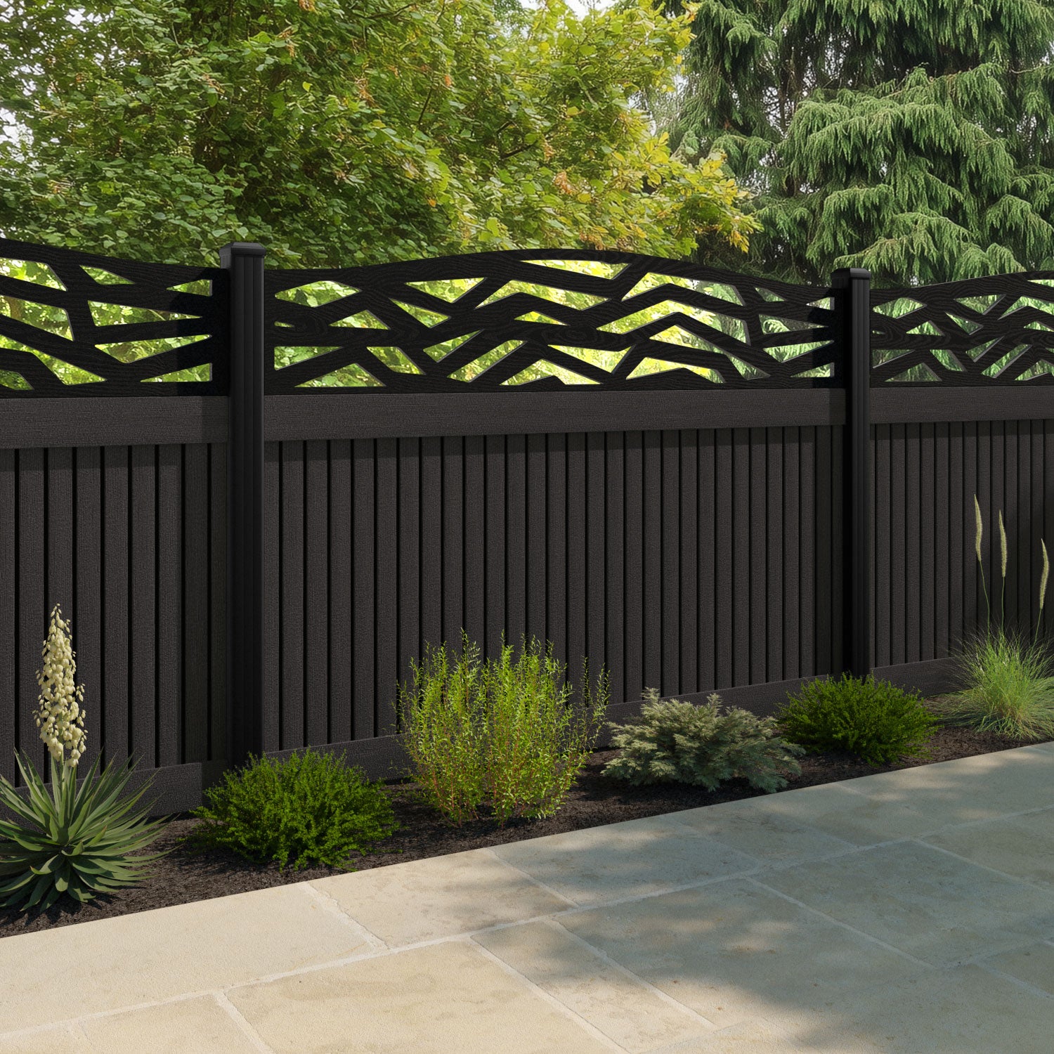 Virtis Zenith Curved Top Fence Panel - Dark Oak - with our composite posts