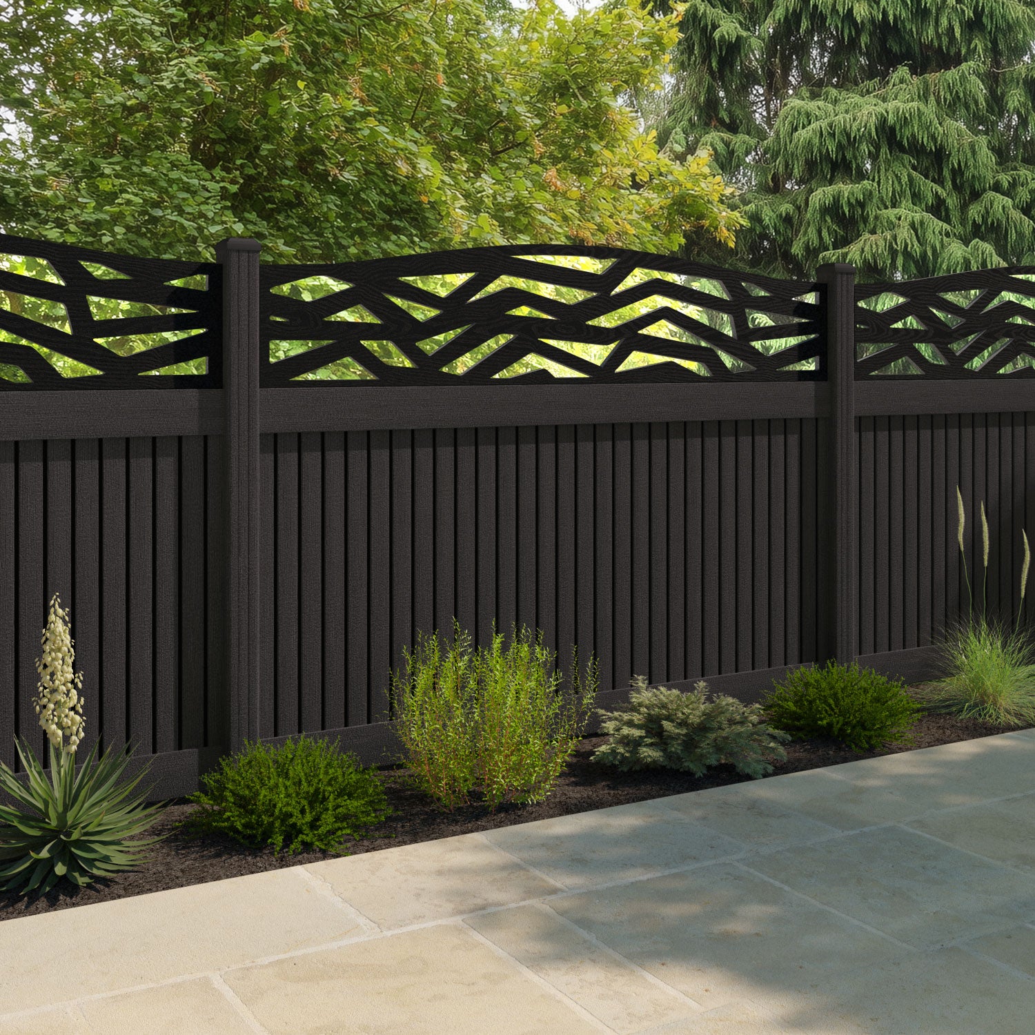 Virtis Zenith Curved Top Fence Panel - Dark Oak - with our composite posts