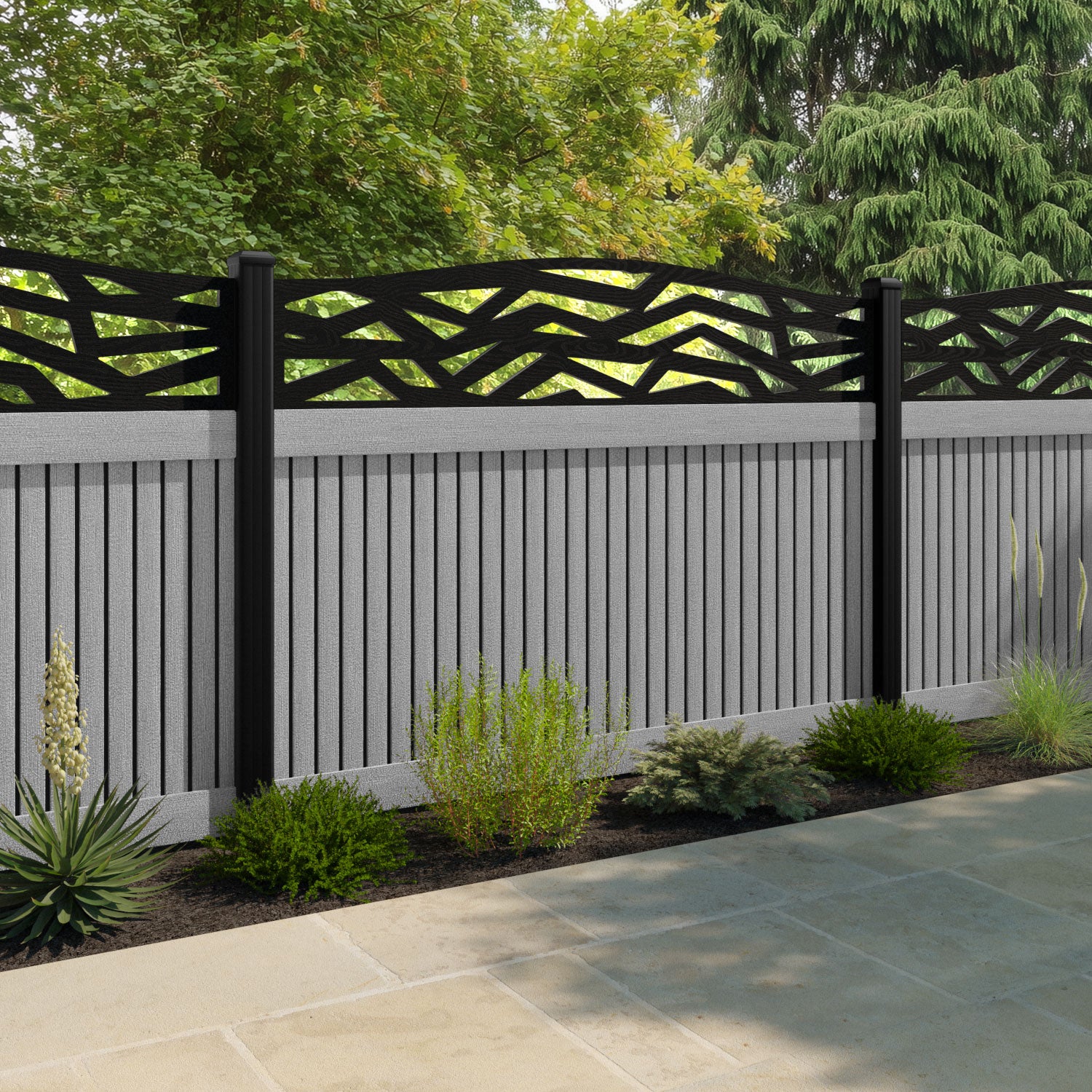 Virtis Zenith Curved Top Fence Panel - Light Grey - with our composite posts