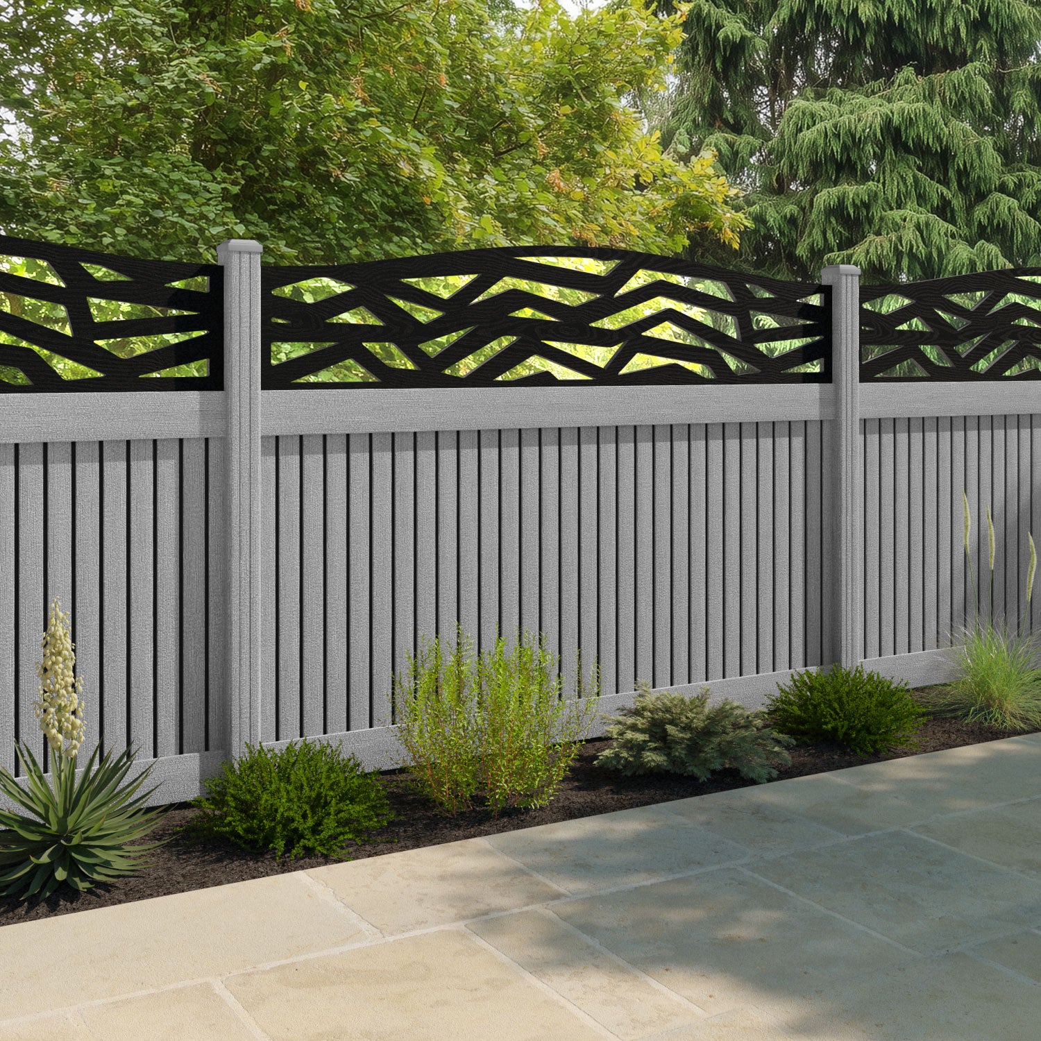 Virtis Zenith Curved Top Fence Panel - Light Grey - with our composite posts
