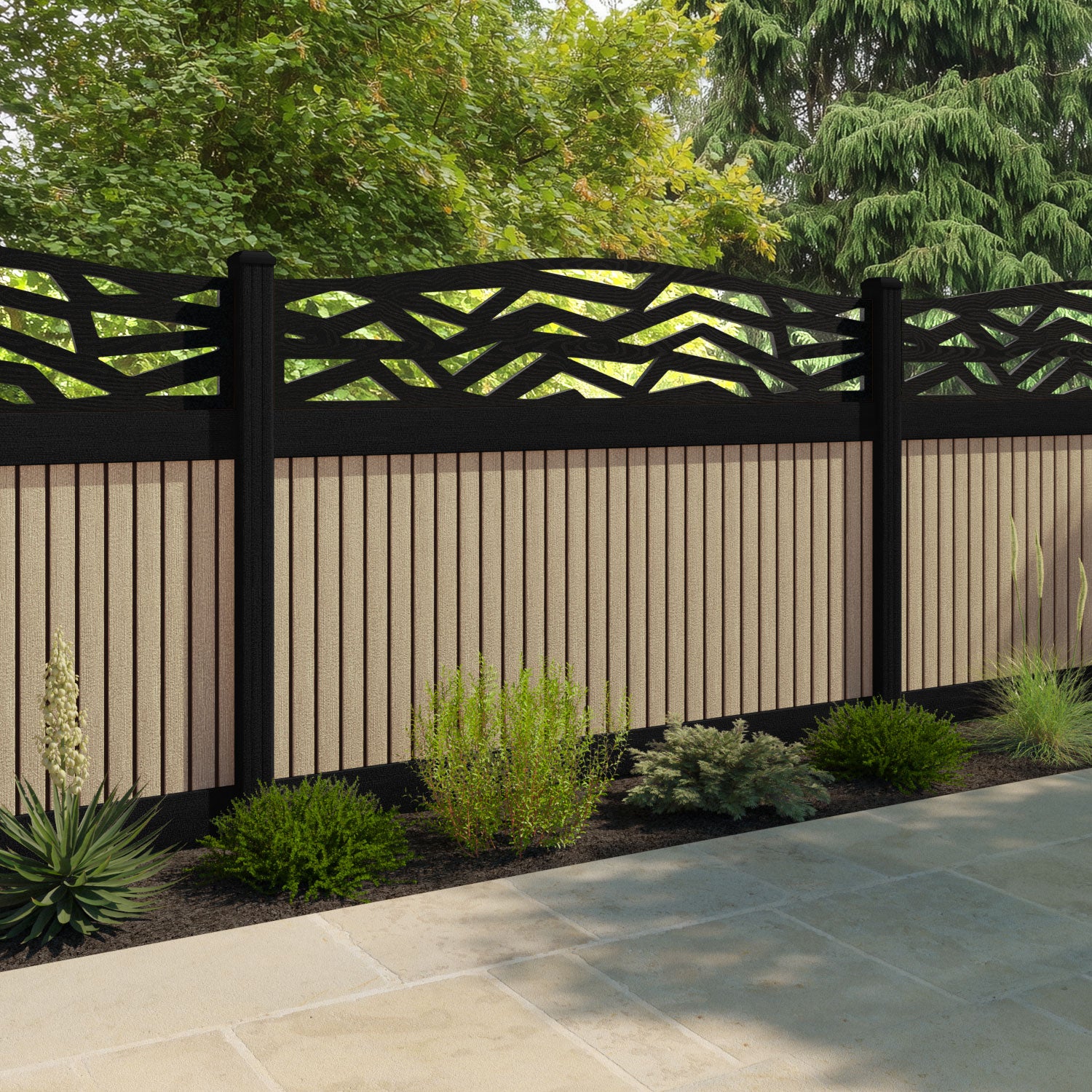 Virtis Zenith Curved Top Fence Panel - Light Oak - with our aluminium posts