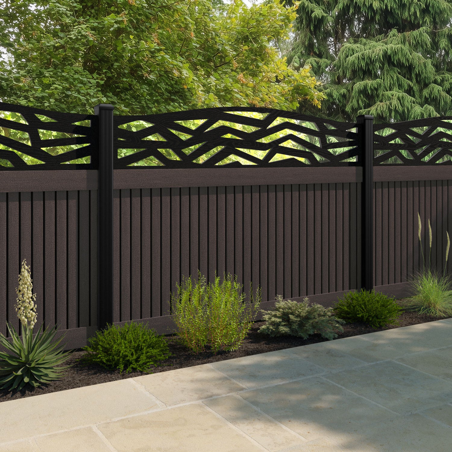 Virtis Zenith Curved Top Fence Panel - Mid Brown - with our aluminium posts