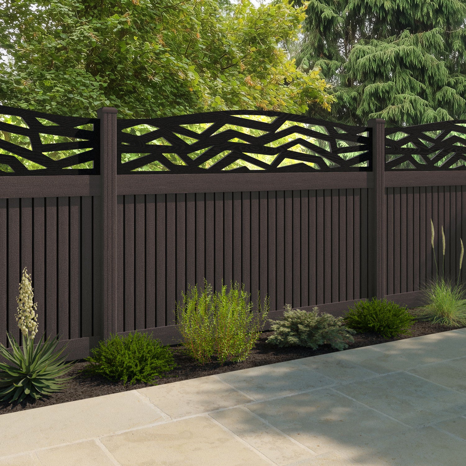 Virtis Zenith Curved Top Fence Panel - Mid Brown - with our composite posts