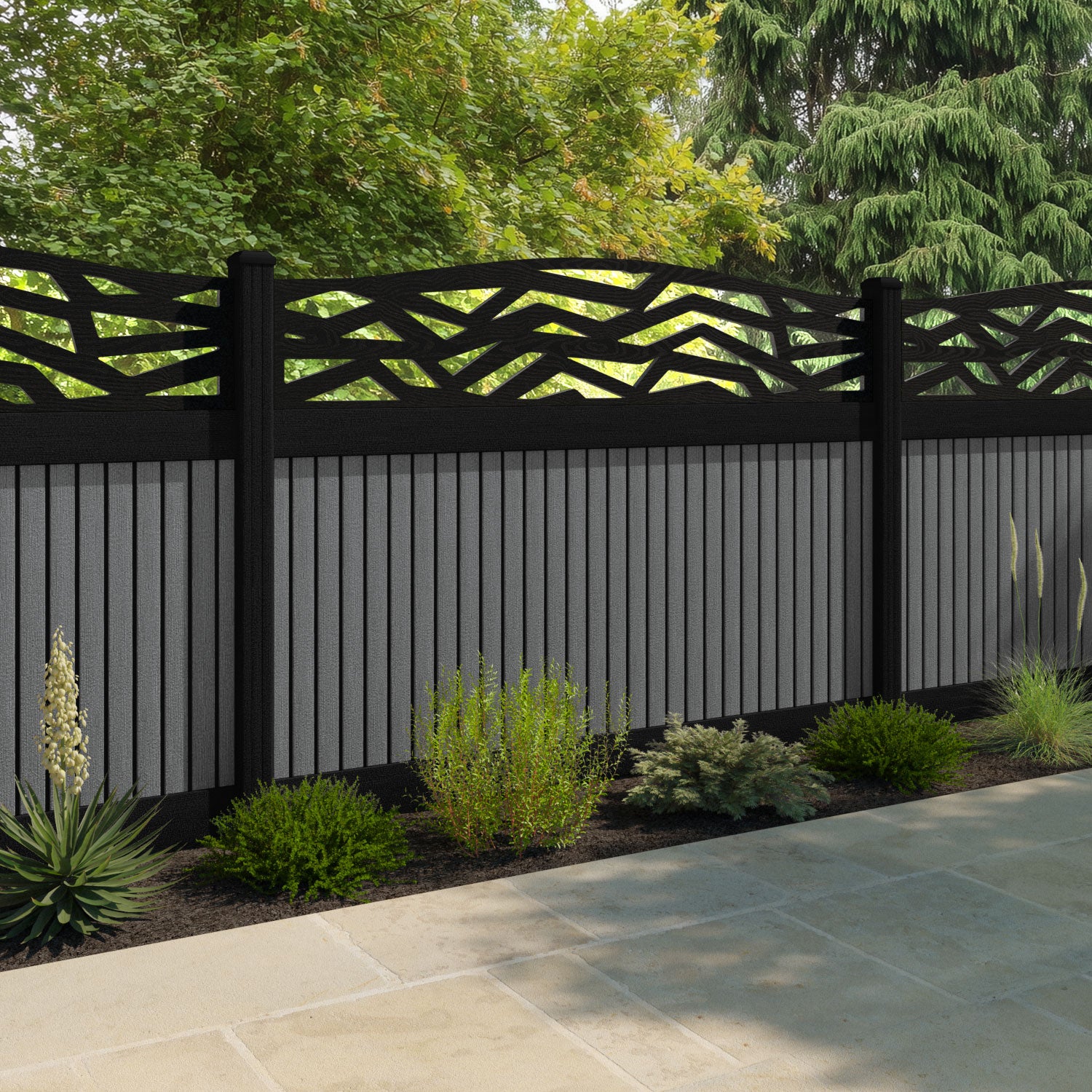 Virtis Zenith Curved Top Fence Panel - Mid Grey - with our composite posts