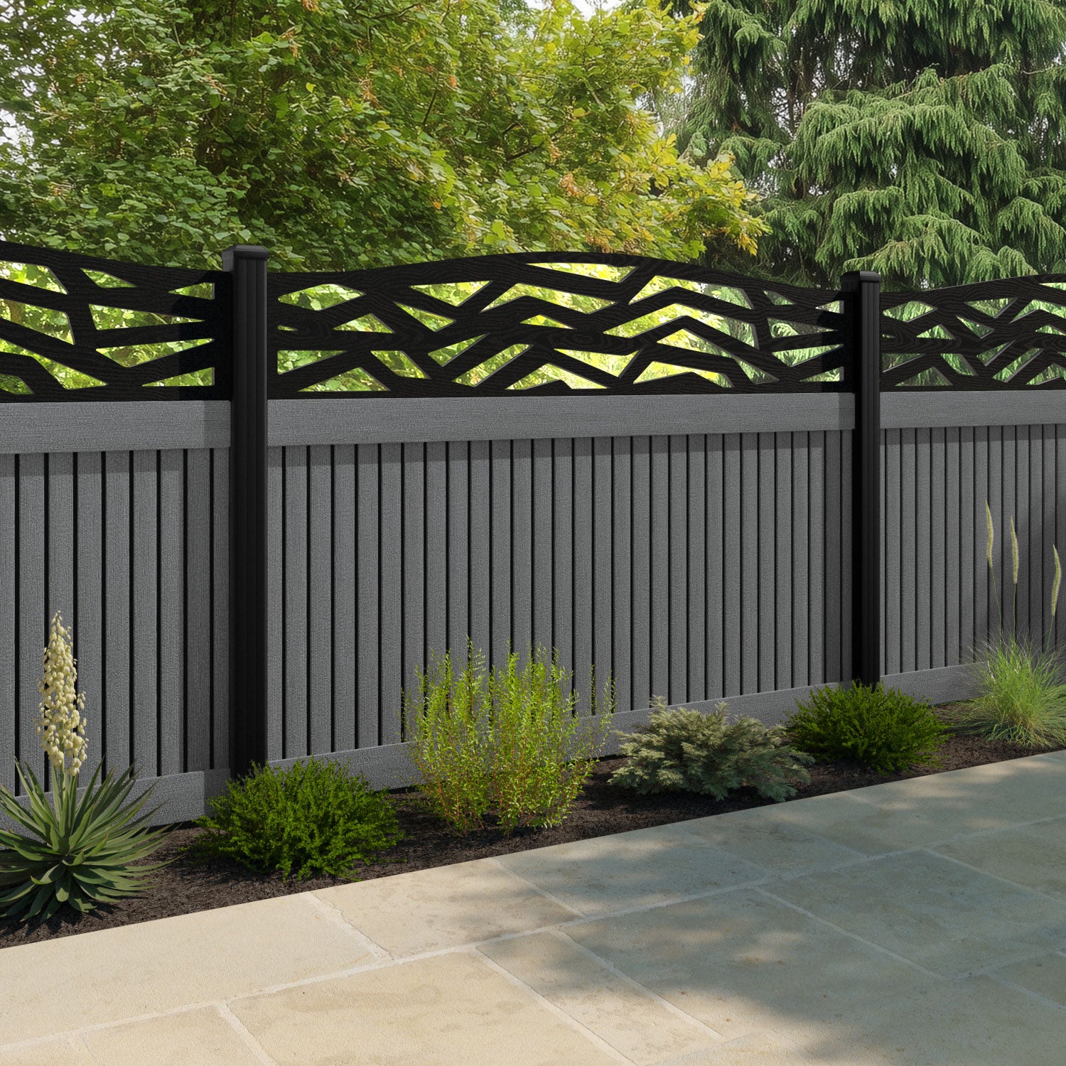 Virtis Zenith Curved Top Fence Panel - Mid Grey - with our composite posts