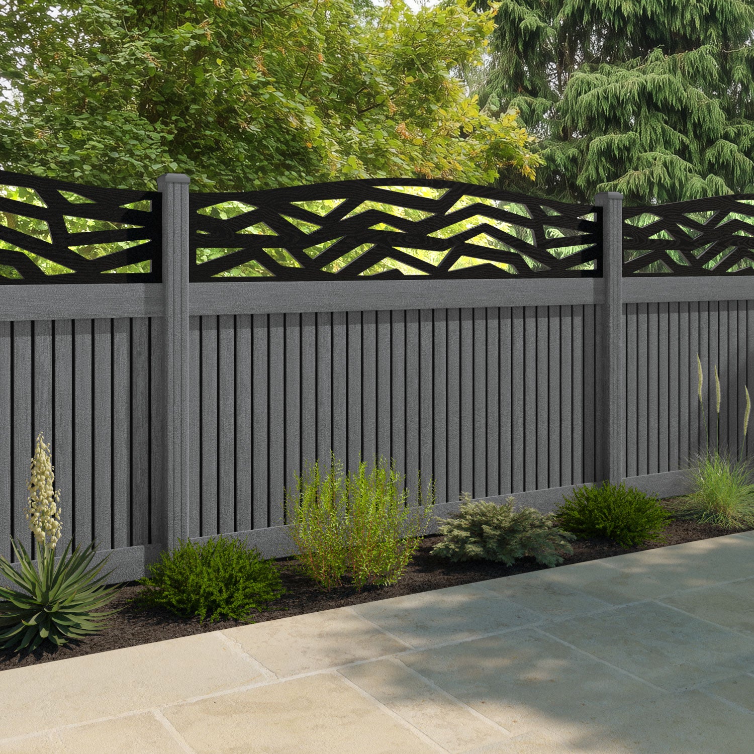 Virtis Zenith Curved Top Fence Panel - Mid Grey - with our composite posts