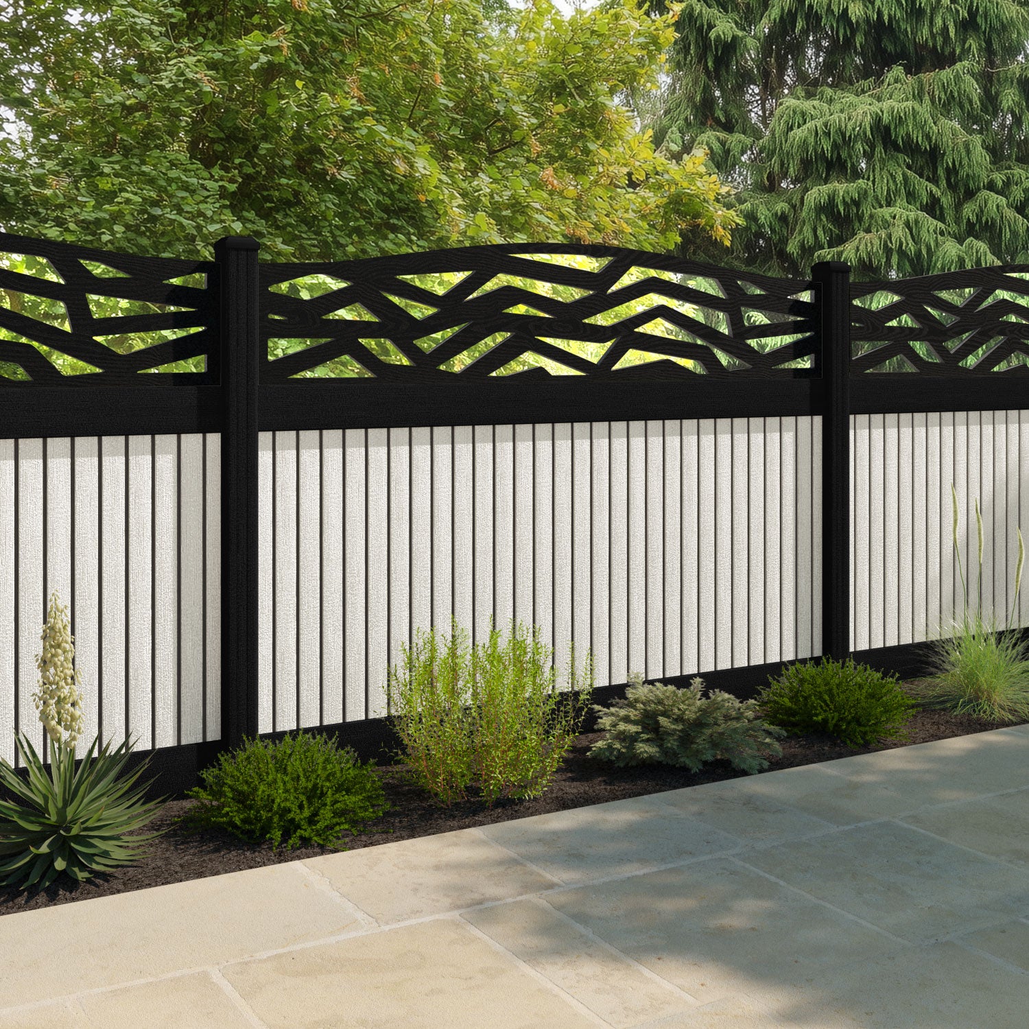 Virtis Zenith Curved Top Fence Panel - Light Stone - with our aluminium posts