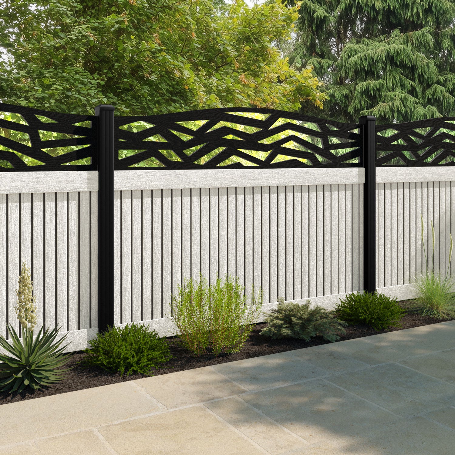 Virtis Zenith Curved Top Fence Panel - Light Stone - with our composite posts