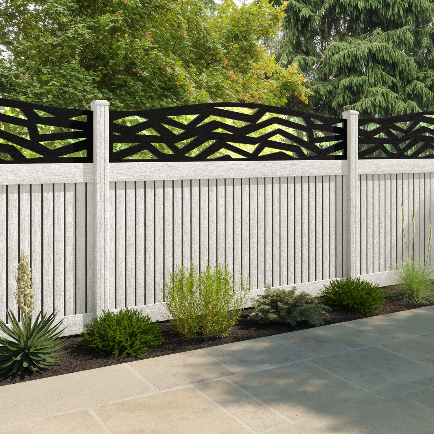Virtis Zenith Curved Top Fence Panel - Light Stone - with our composite posts