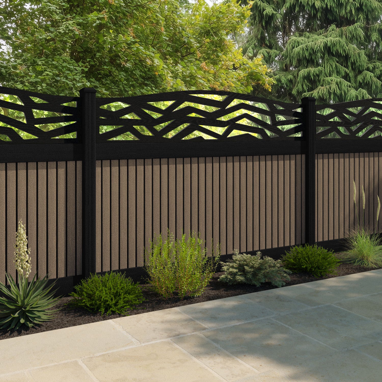 Virtis Zenith Curved Top Fence Panel - Teak - with our aluminium posts