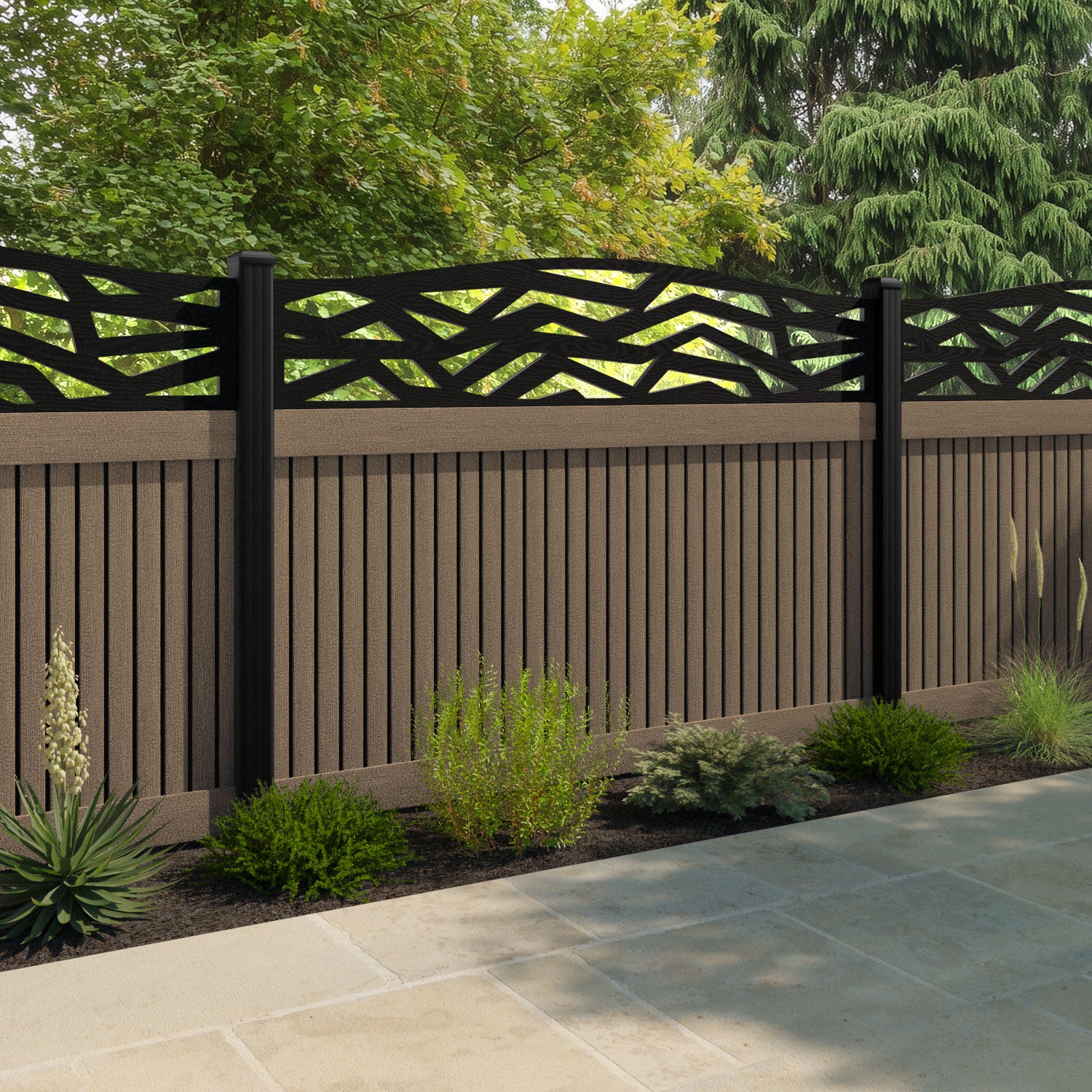 Virtis Zenith Curved Top Fence Panel - Teak - with our composite posts