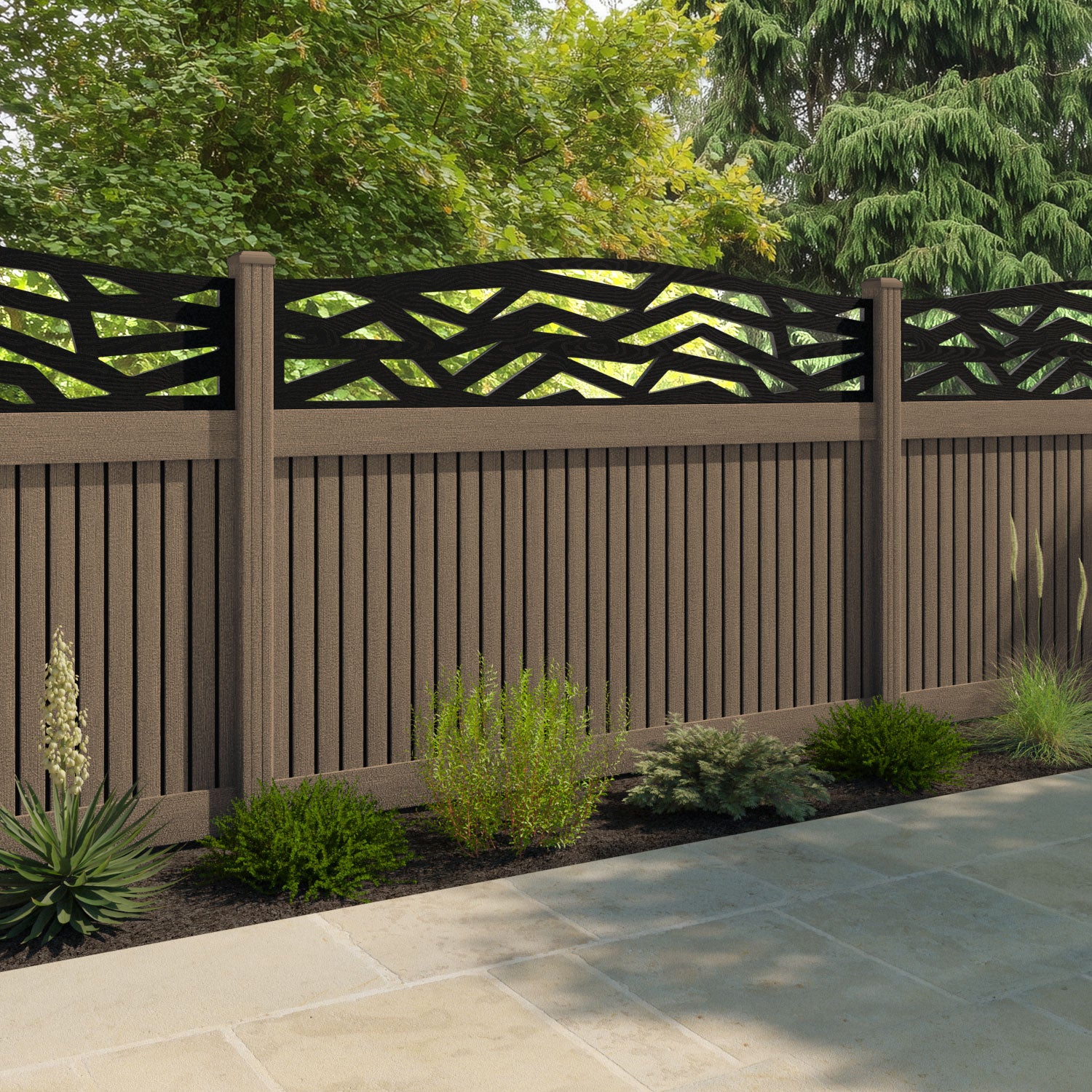 Virtis Zenith Curved Top Fence Panel - Teak - with our composite posts