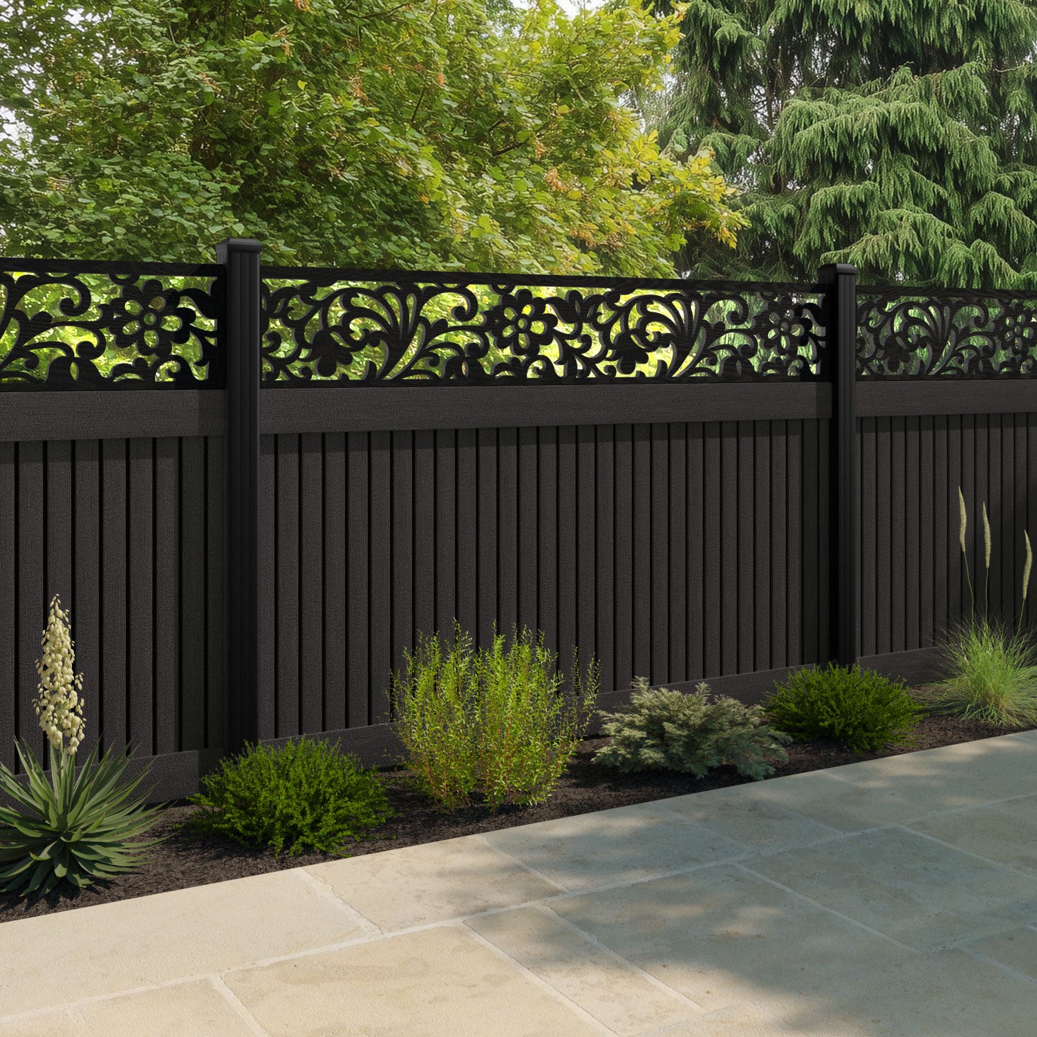 Virtis Eden Fence Panel - Dark Oak - with our aluminium posts