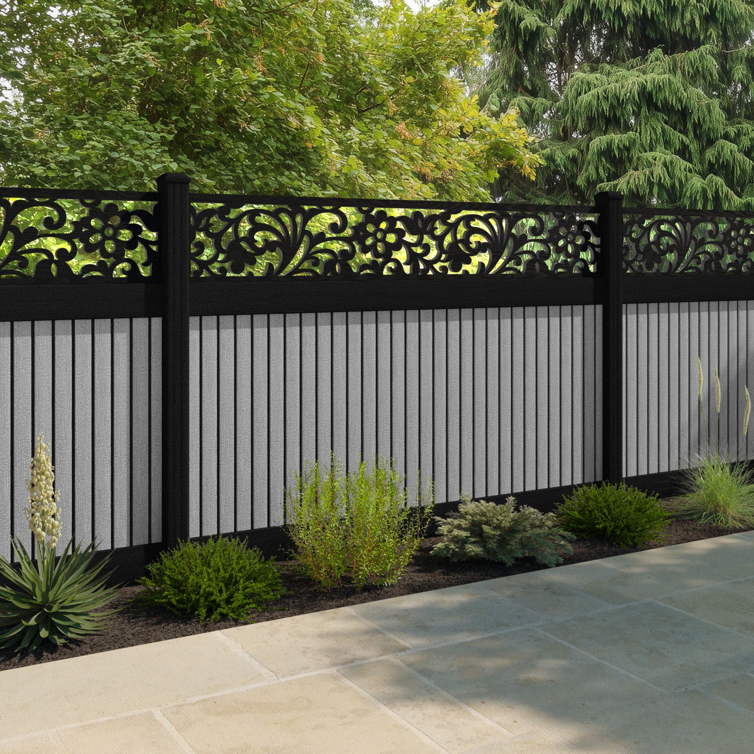 Virtis Eden Fence Panel - Light Grey - with our aluminium posts
