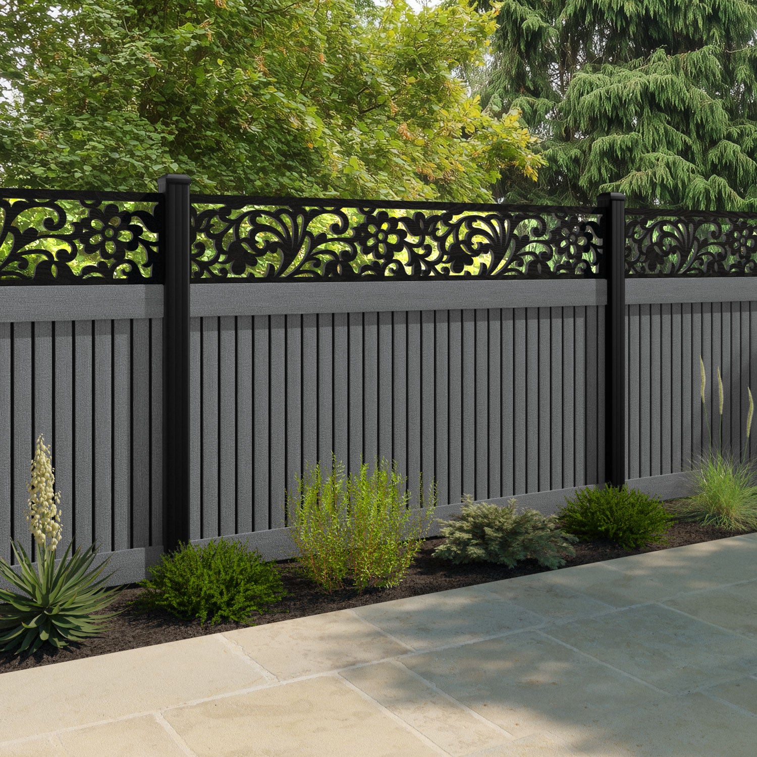 Virtis Eden Fence Panel - Mid Grey - with our aluminium posts