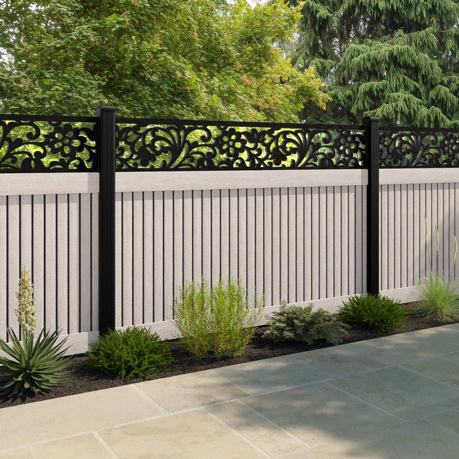 Virtis Eden Fence Panel - Mid Stone - with our aluminium posts