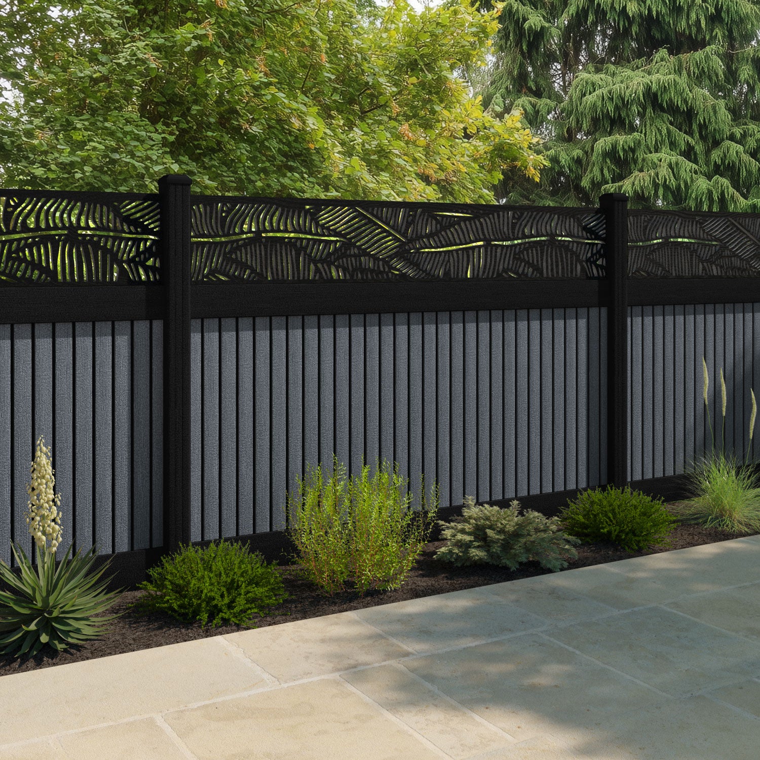 Virtis Feather Fence Panel - Anthracite - with our aluminium posts