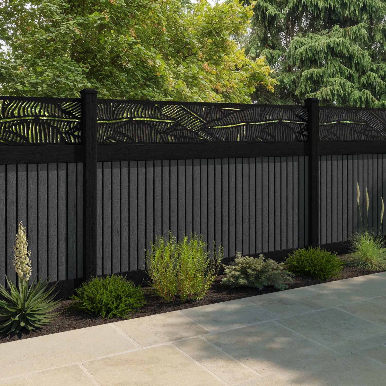 Virtis Feather Fence Panel - Dark Grey - with our aluminium posts