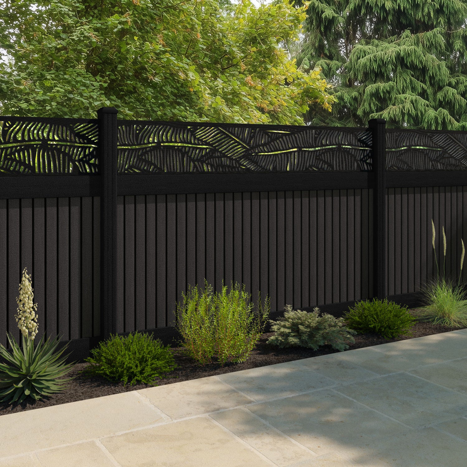 Virtis Feather Fence Panel - Dark Oak - with our aluminium posts