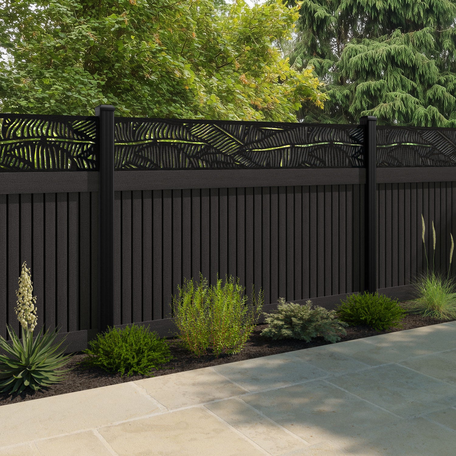 Virtis Feather Fence Panel - Dark Oak - with our aluminium posts